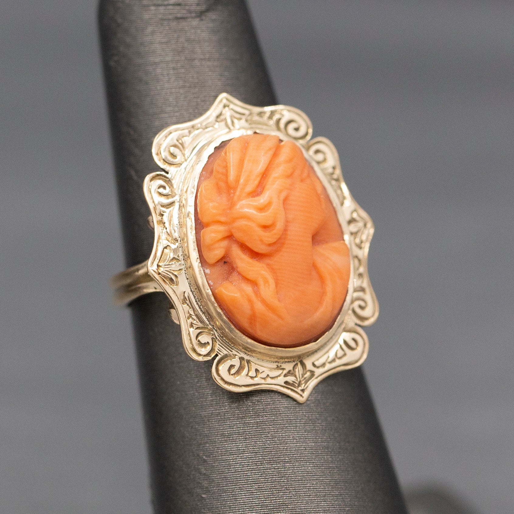 Antique Victorian Coral Cameo Ring with Engraved Frame in 10k Yellow Gold