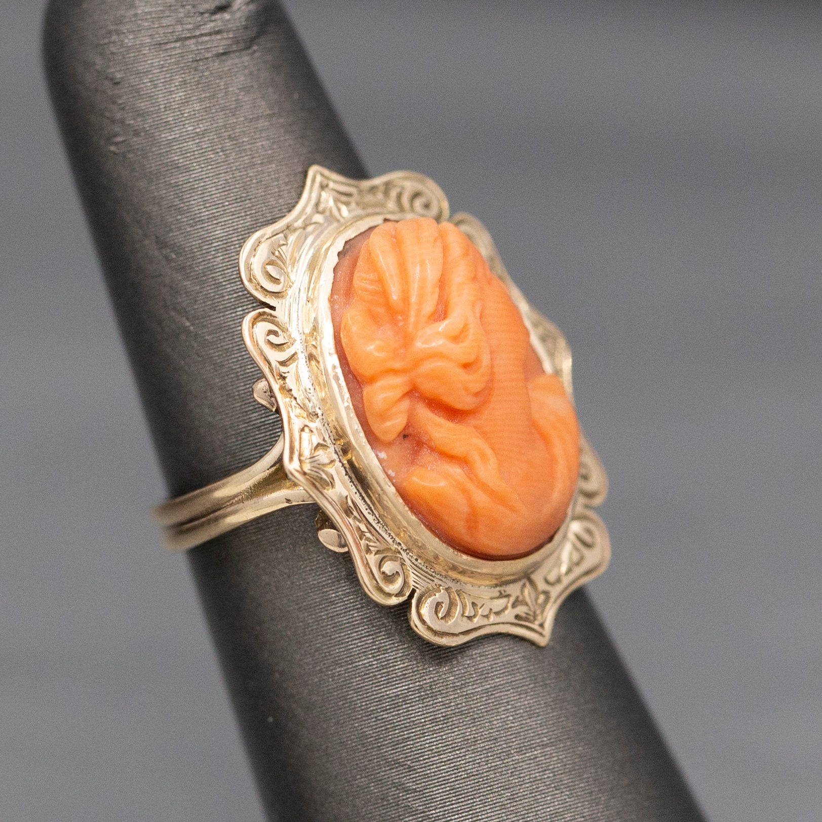 Antique Victorian Coral Cameo Ring with Engraved Frame in 10k Yellow Gold