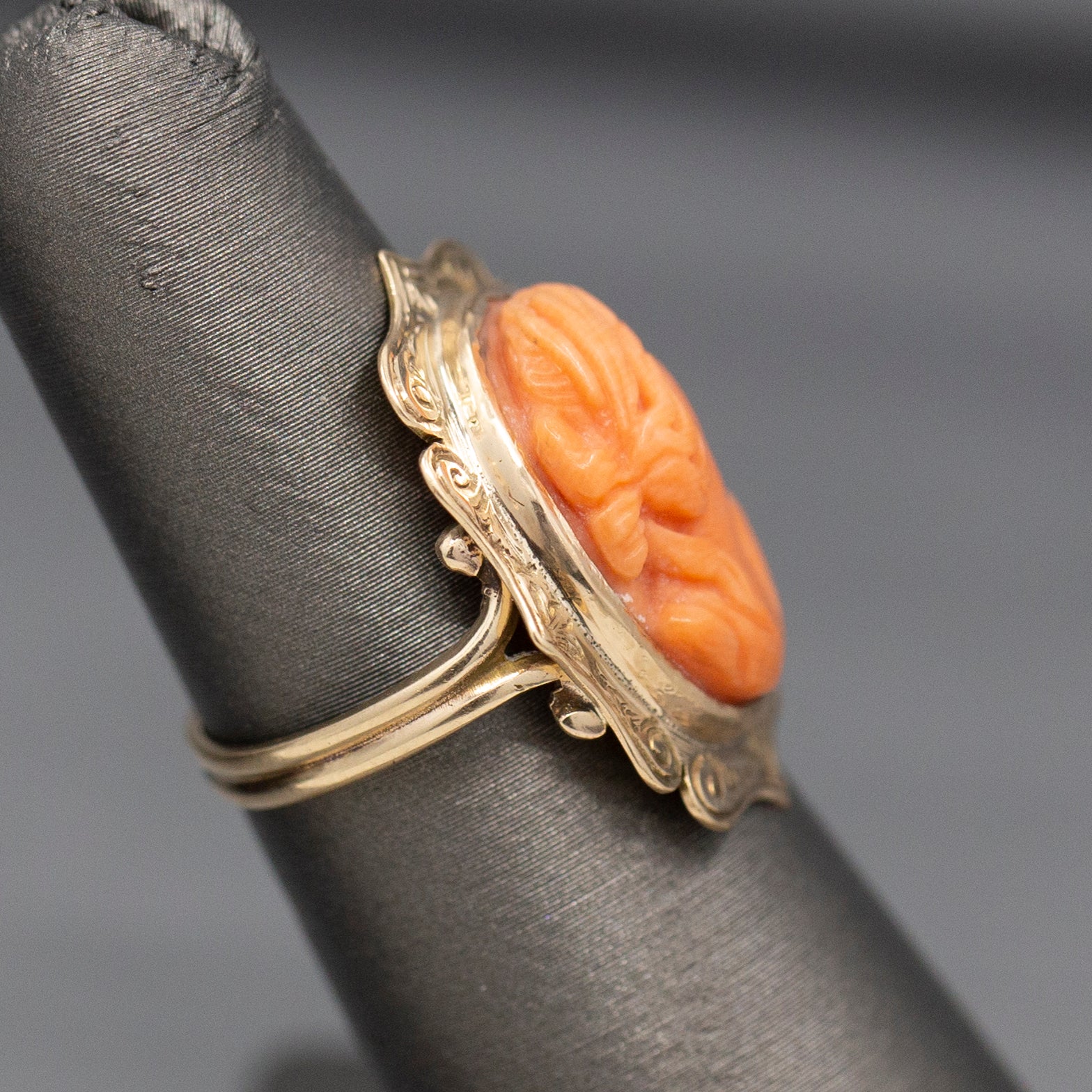 Antique Victorian Coral Cameo Ring with Engraved Frame in 10k Yellow Gold