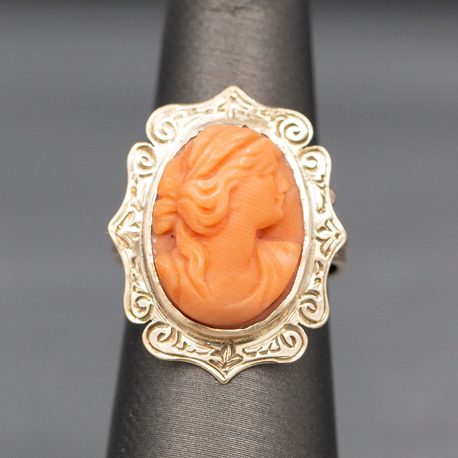 Antique Victorian Coral Cameo Ring with Engraved Frame in 10k Yellow Gold