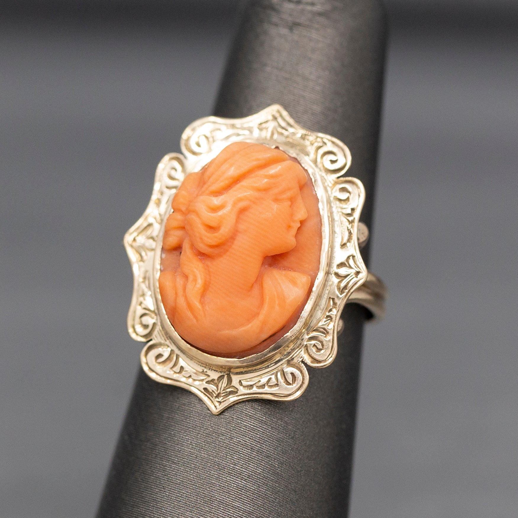 Antique Victorian Coral Cameo Ring with Engraved Frame in 10k Yellow Gold