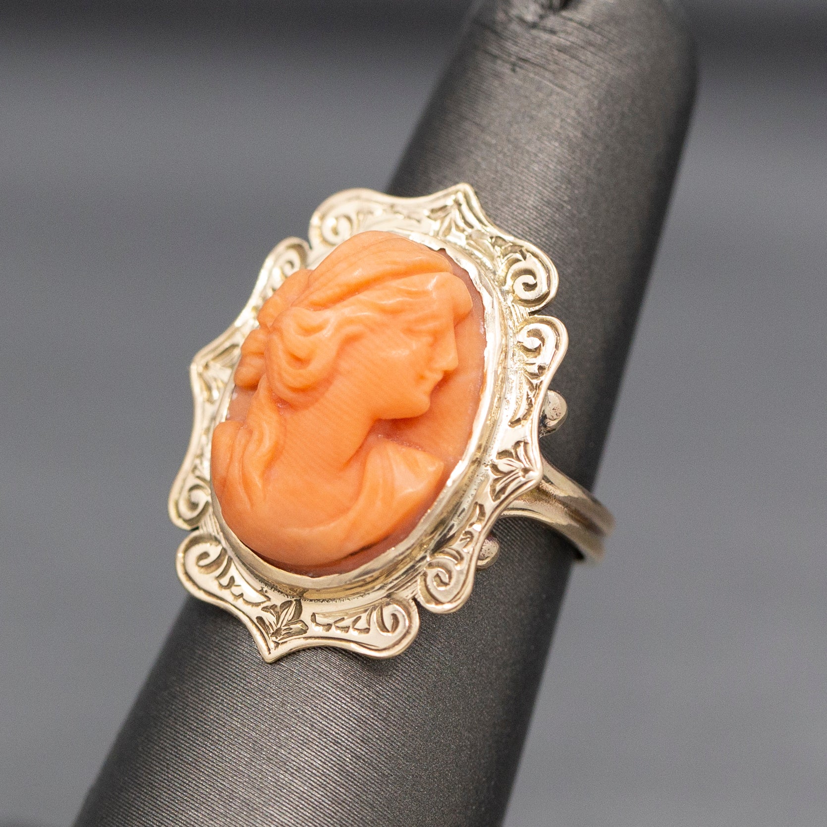 Antique Victorian Coral Cameo Ring with Engraved Frame in 10k Yellow Gold