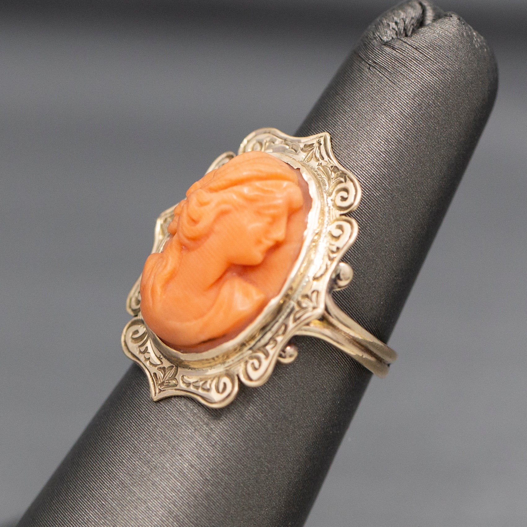Antique Victorian Coral Cameo Ring with Engraved Frame in 10k Yellow Gold