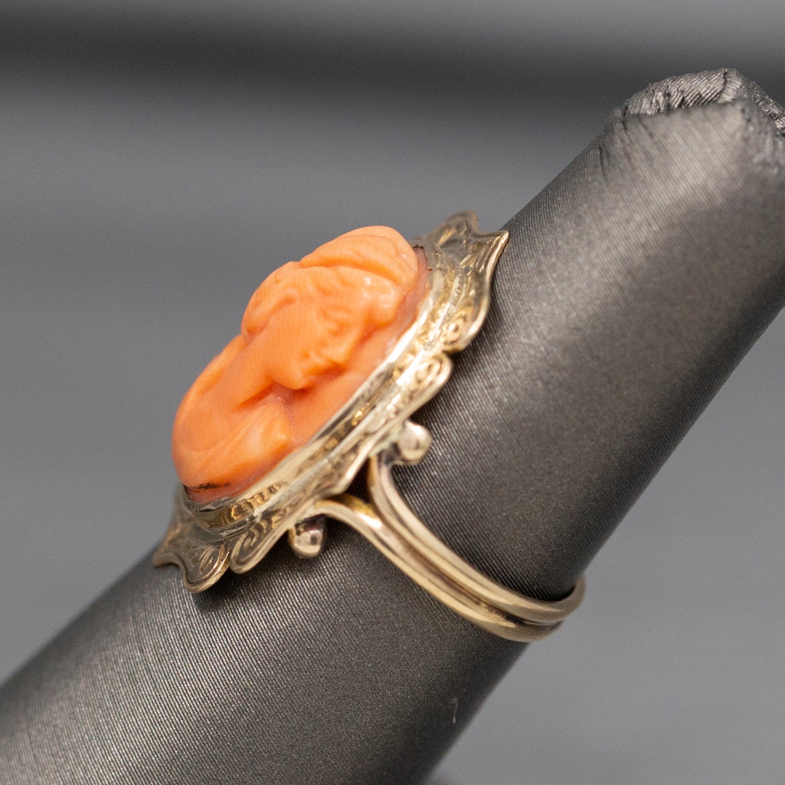 Antique Victorian Coral Cameo Ring with Engraved Frame in 10k Yellow Gold