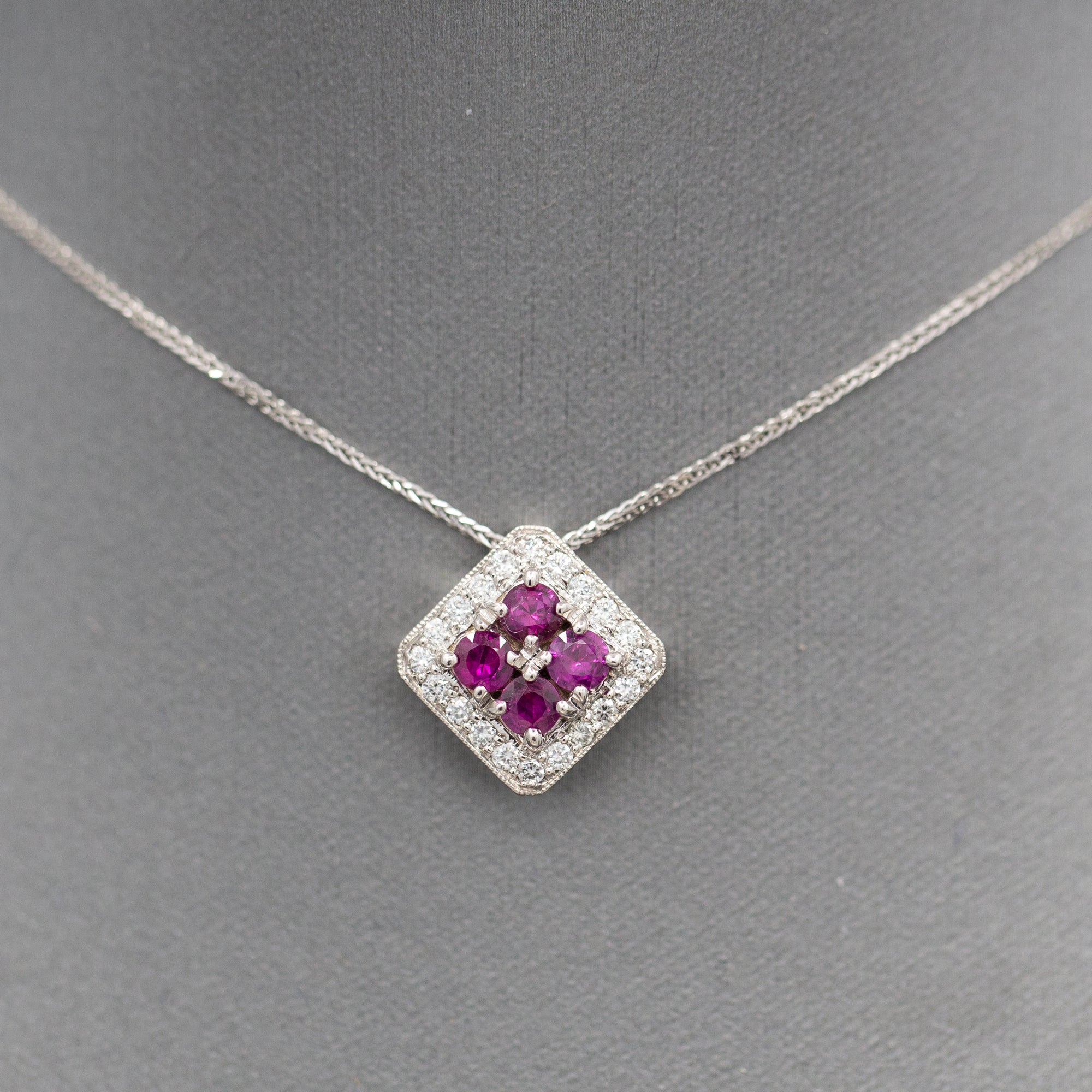 Handcrafted 1.00ctw Ruby and Diamond Pendant Necklace in 14K White Gold 18"