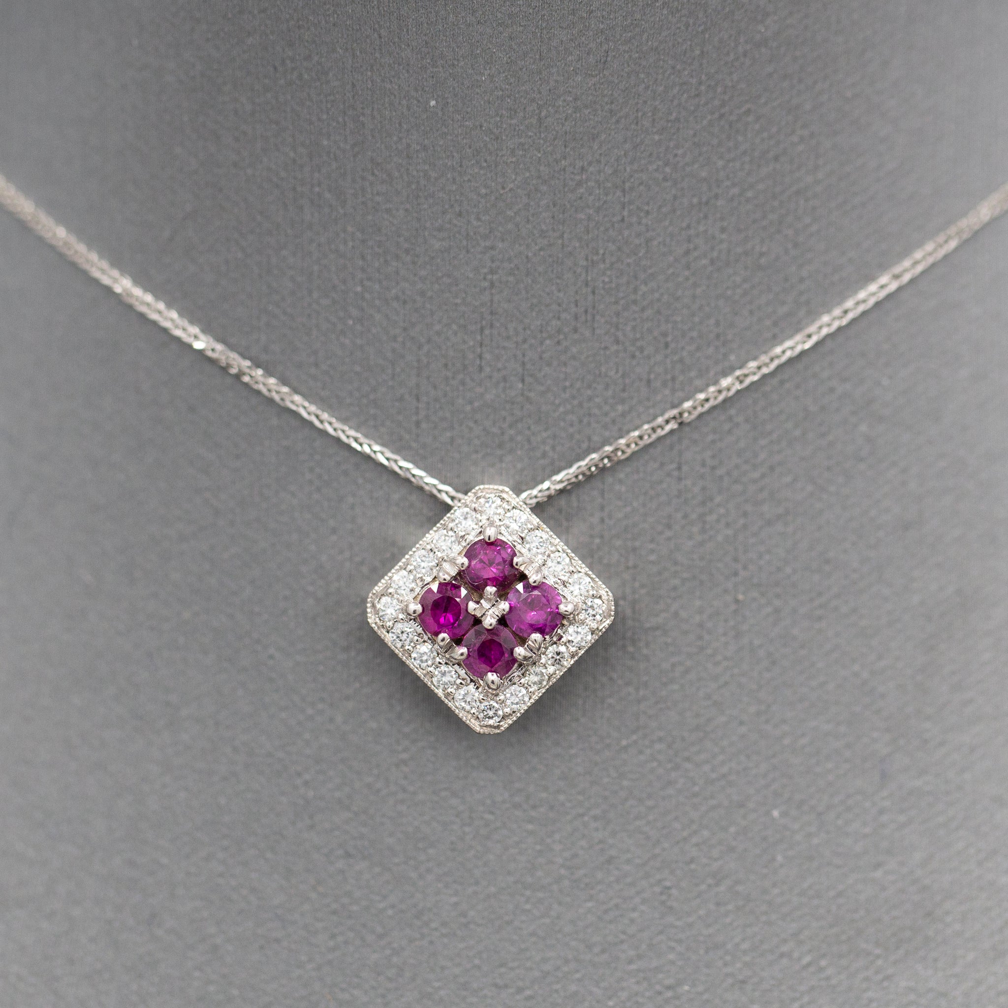 Handcrafted 1.00ctw Ruby and Diamond Pendant Necklace in 14K White Gold 18"