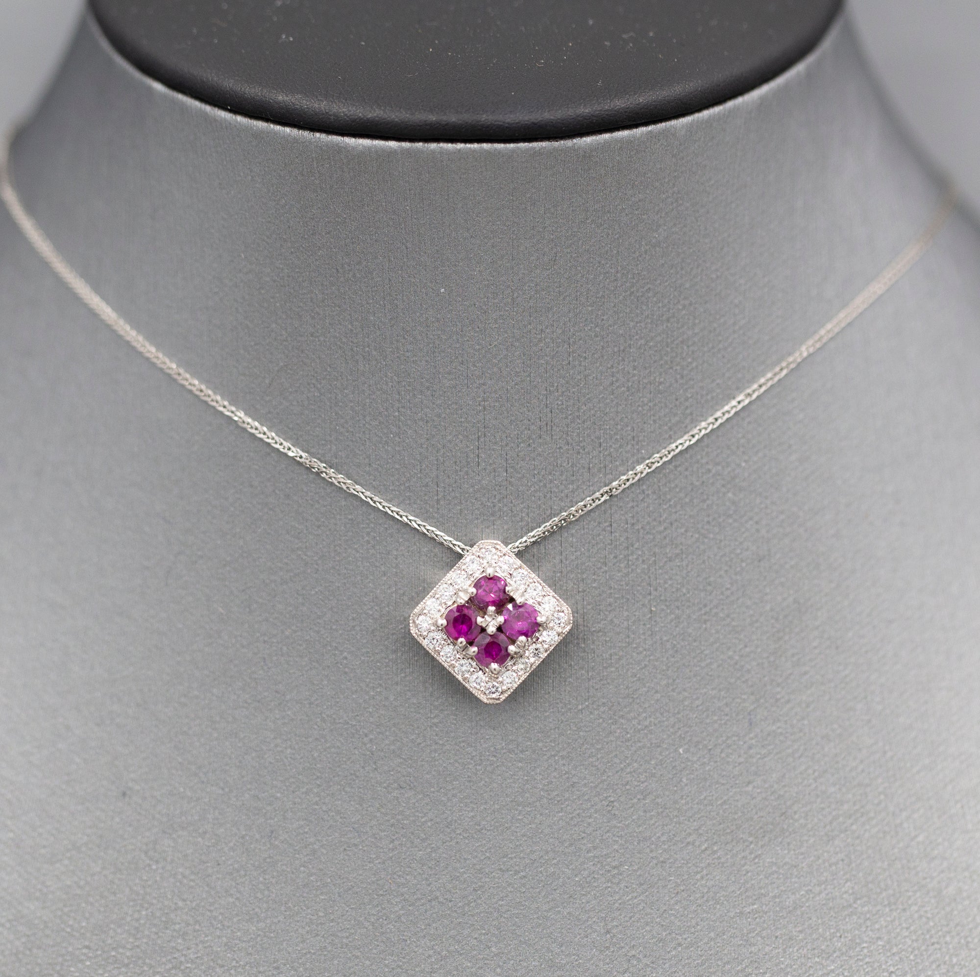 Handcrafted 1.00ctw Ruby and Diamond Pendant Necklace in 14K White Gold 18"