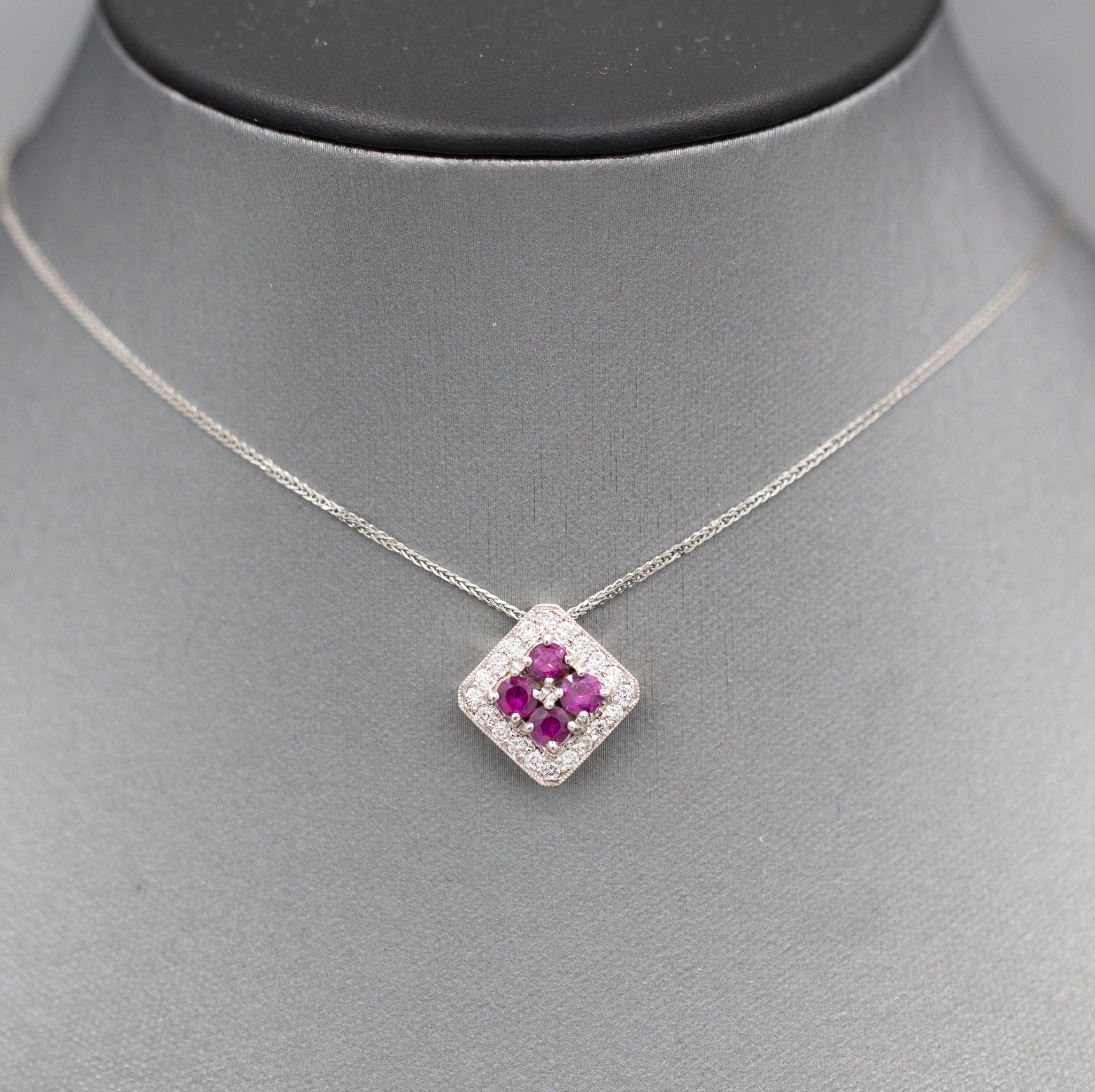 Handcrafted 1.00ctw Ruby and Diamond Pendant Necklace in 14K White Gold 18"