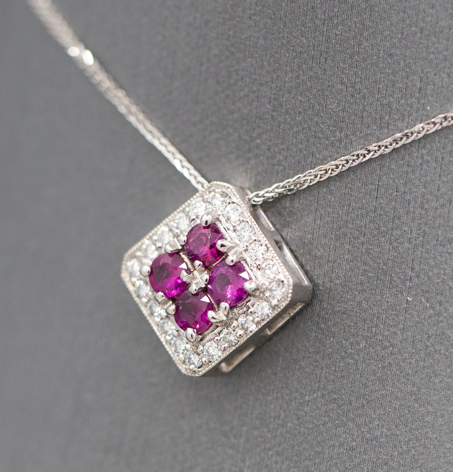 Handcrafted 1.00ctw Ruby and Diamond Pendant Necklace in 14K White Gold 18"