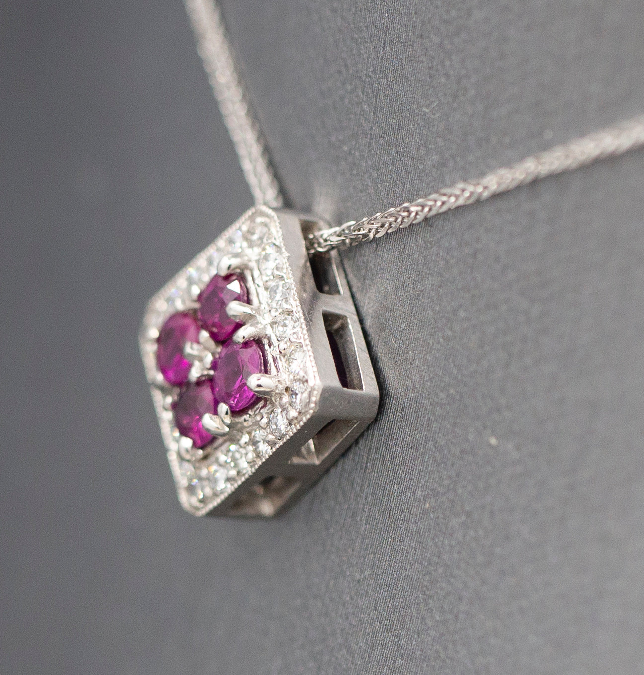 Handcrafted 1.00ctw Ruby and Diamond Pendant Necklace in 14K White Gold 18"