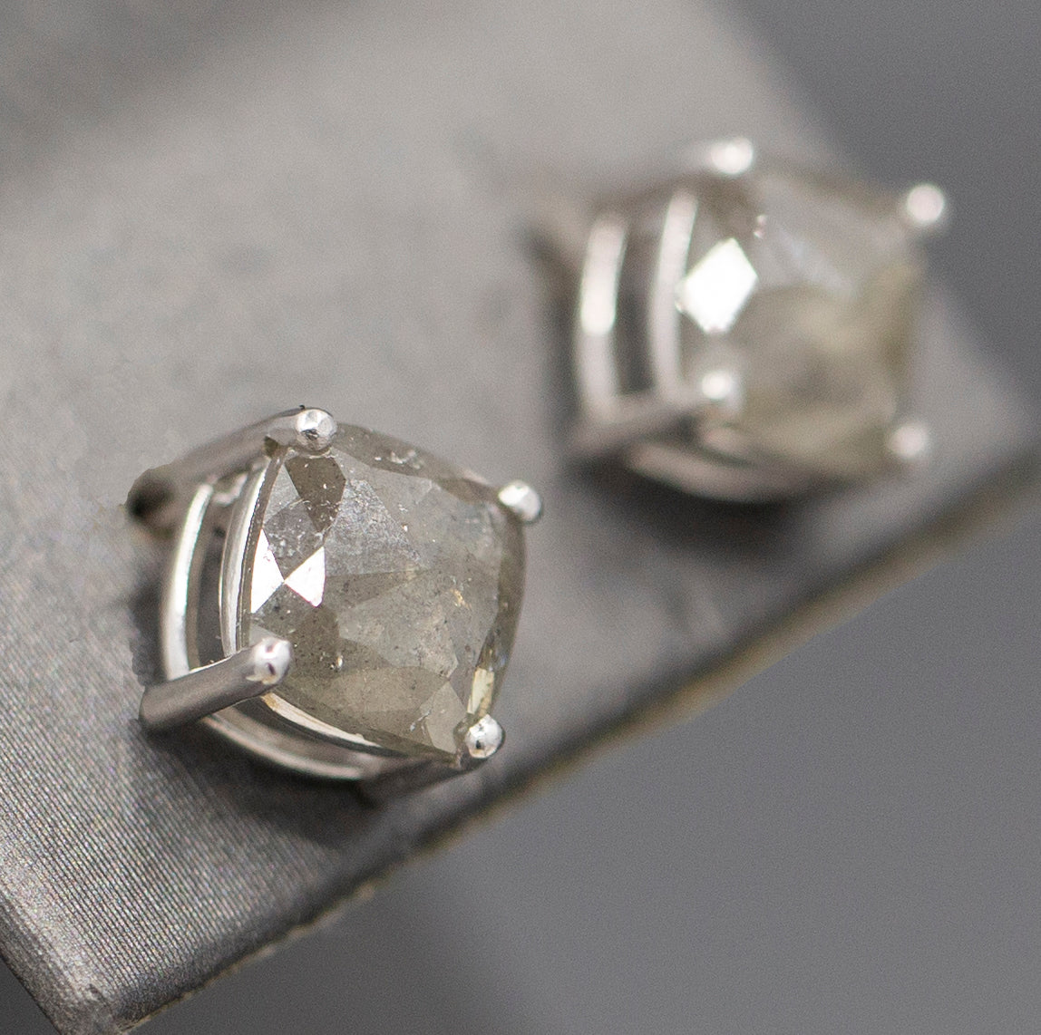 3.22ctw Raw Gray Grey Diamond Rose Cut Stud Earrings in 14k White Gold