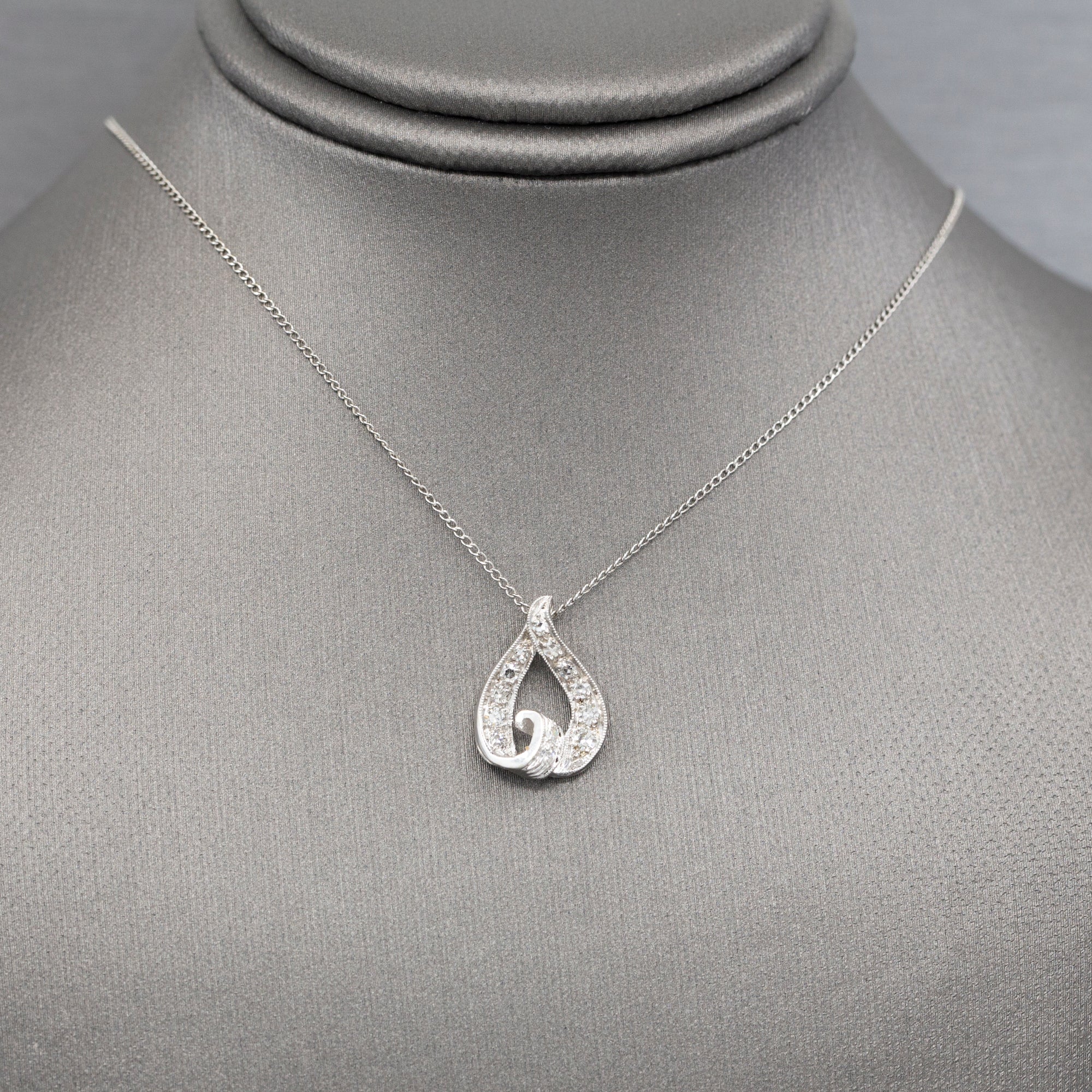 Mid-Century Teardrop Diamond Pendant Necklace in 14k White Gold 15"