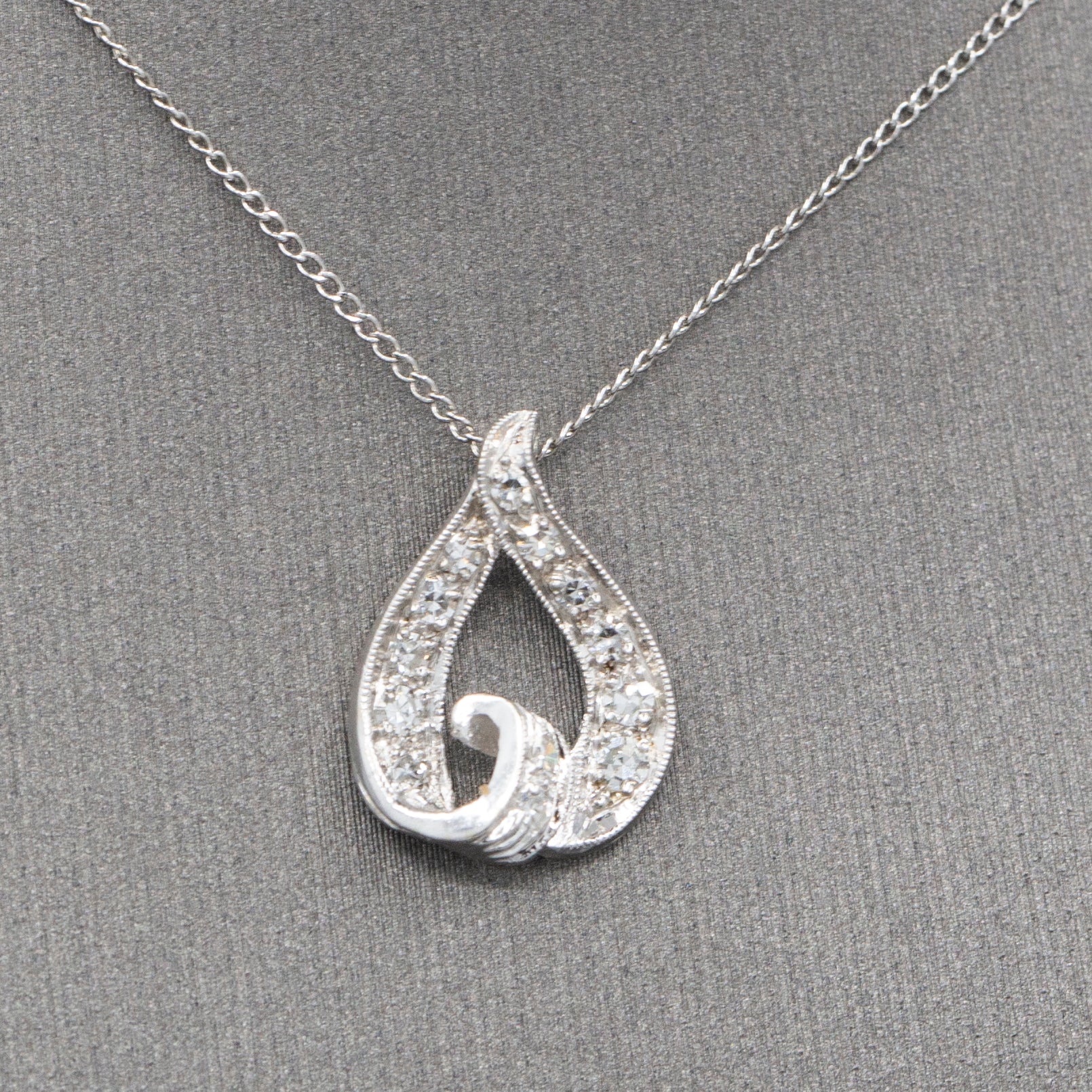 Mid-Century Teardrop Diamond Pendant Necklace in 14k White Gold 15"