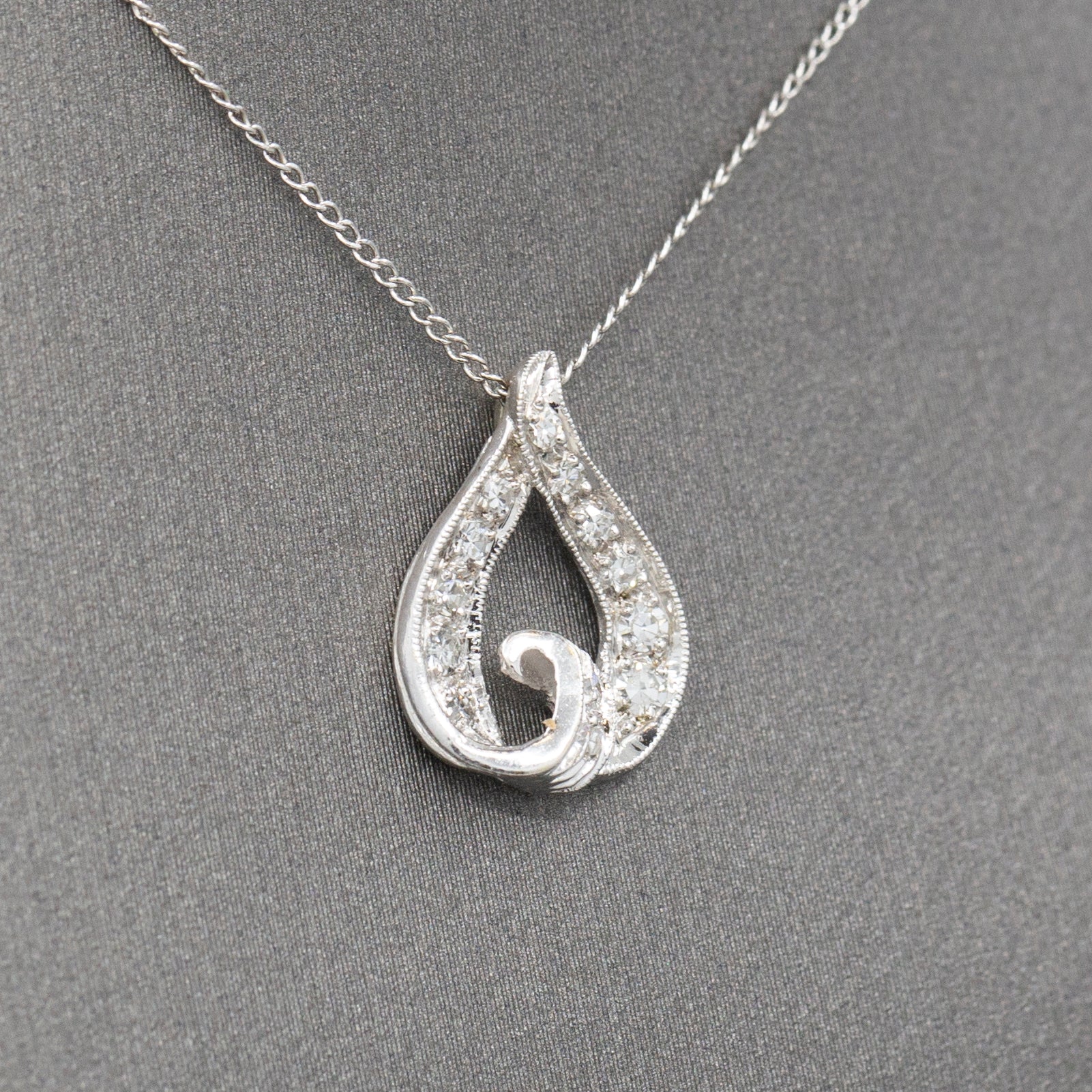 Mid-Century Teardrop Diamond Pendant Necklace in 14k White Gold 15"