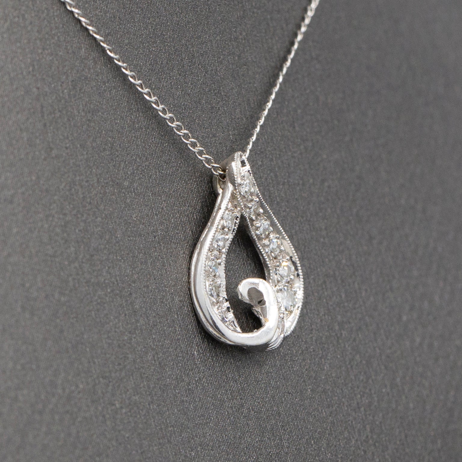 Mid-Century Teardrop Diamond Pendant Necklace in 14k White Gold 15"