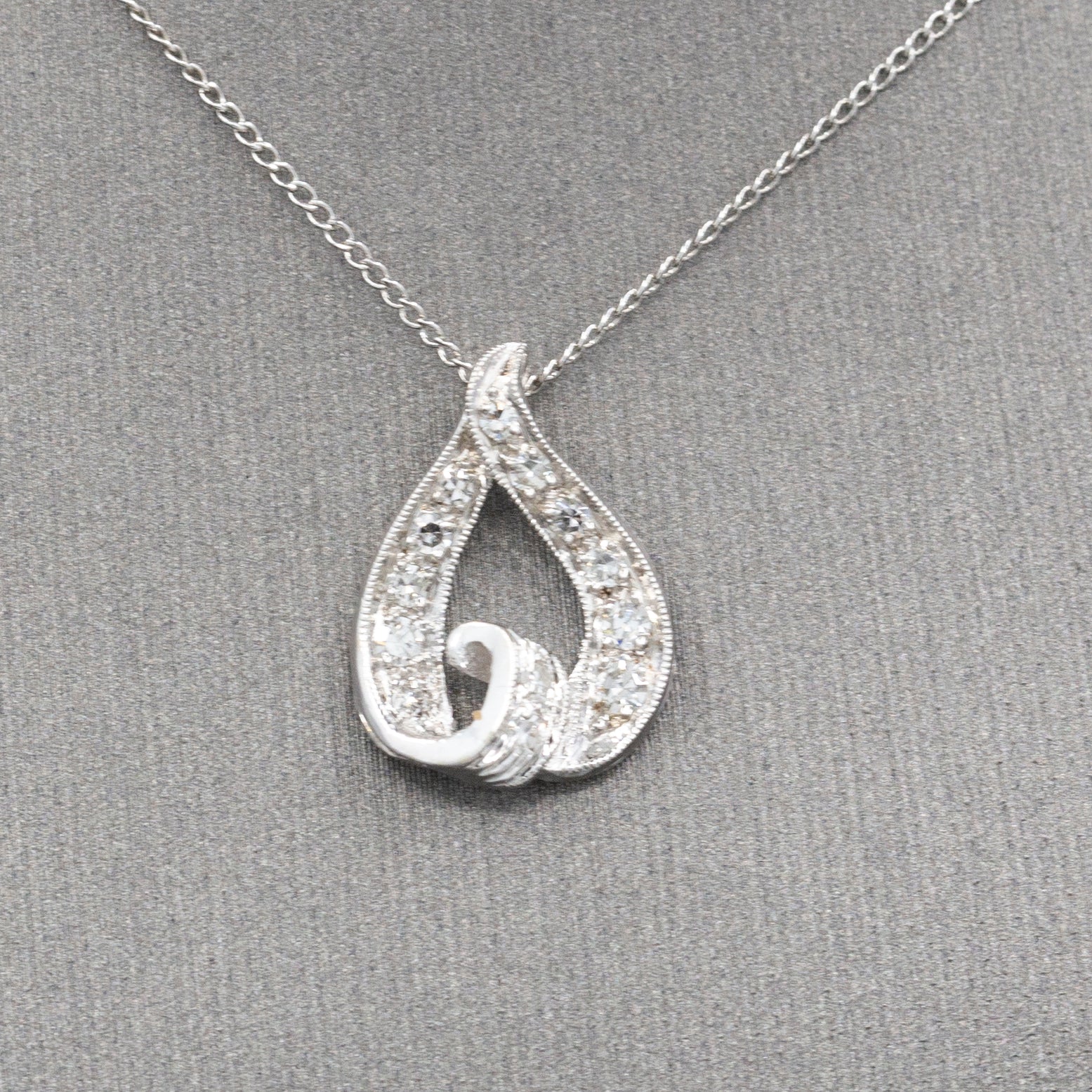 Mid-Century Teardrop Diamond Pendant Necklace in 14k White Gold 15"