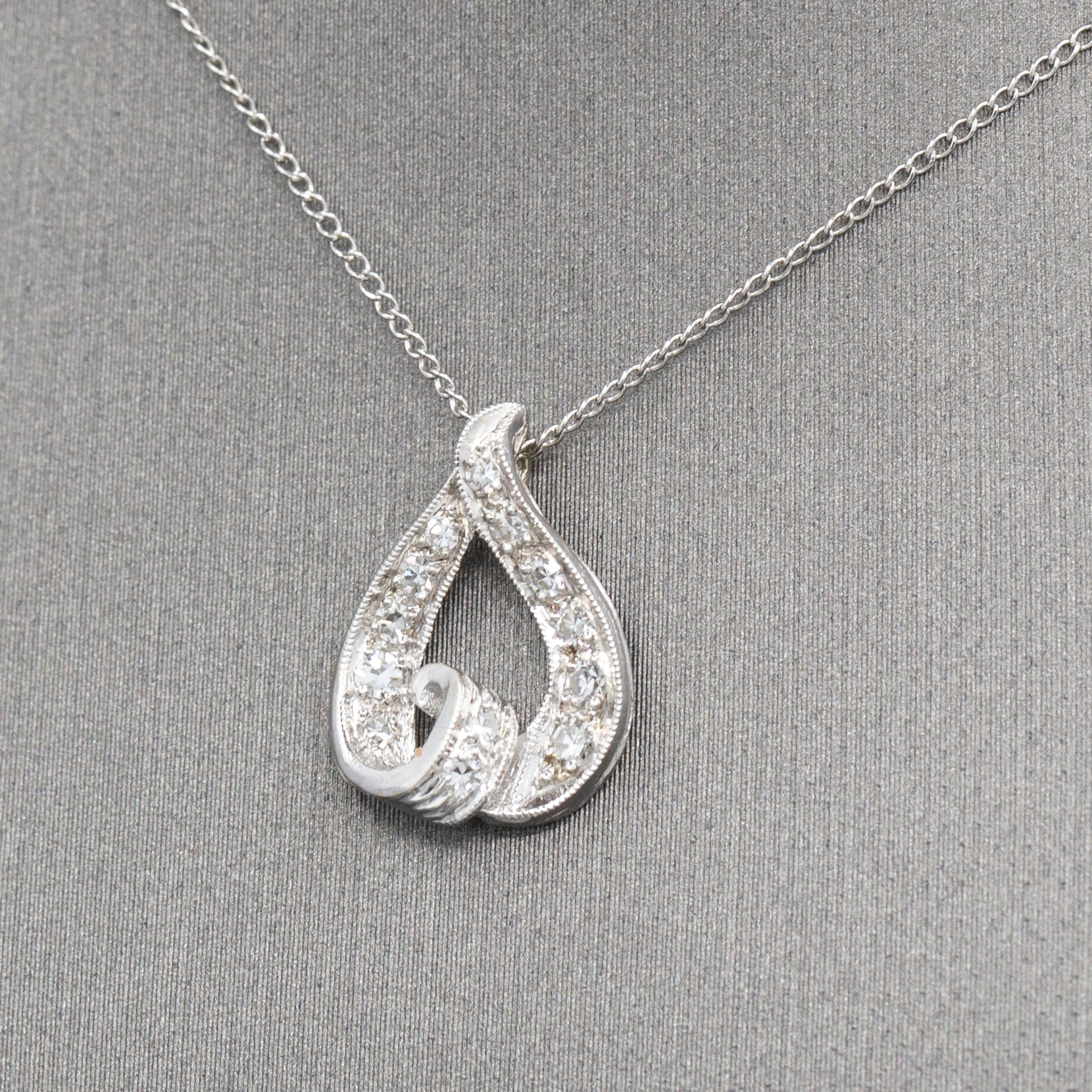 Mid-Century Teardrop Diamond Pendant Necklace in 14k White Gold 15"