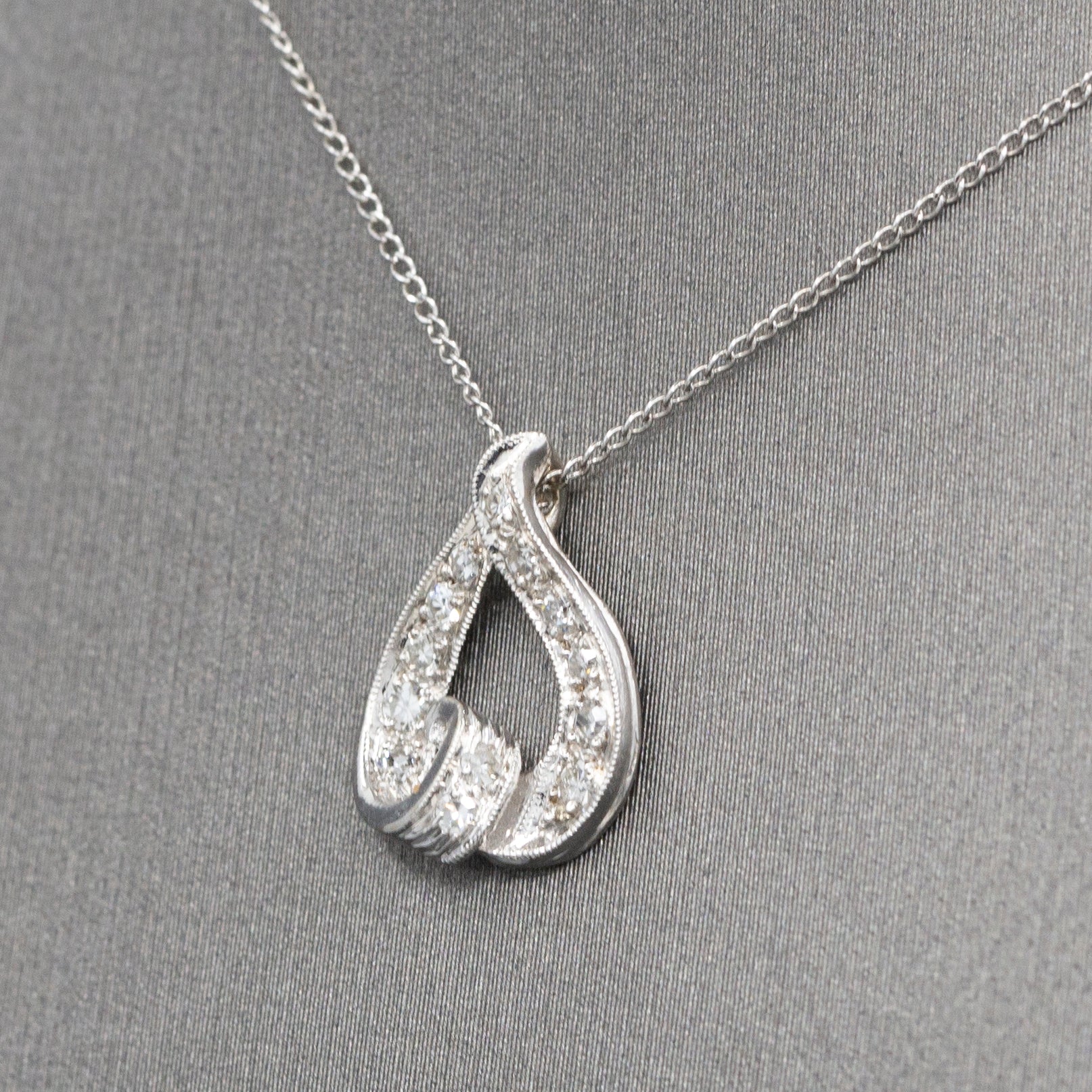 Mid-Century Teardrop Diamond Pendant Necklace in 14k White Gold 15"