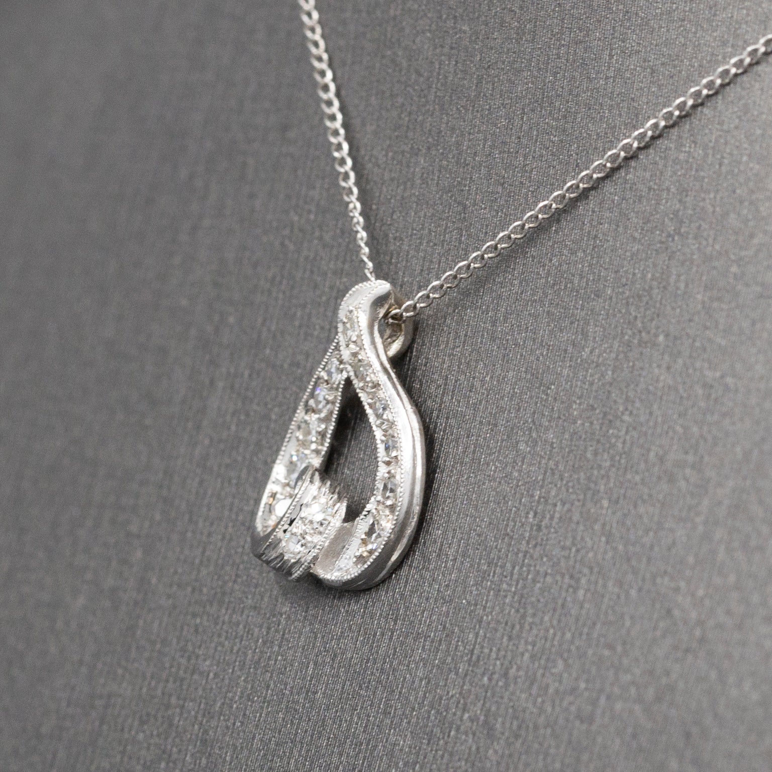 Mid-Century Teardrop Diamond Pendant Necklace in 14k White Gold 15"