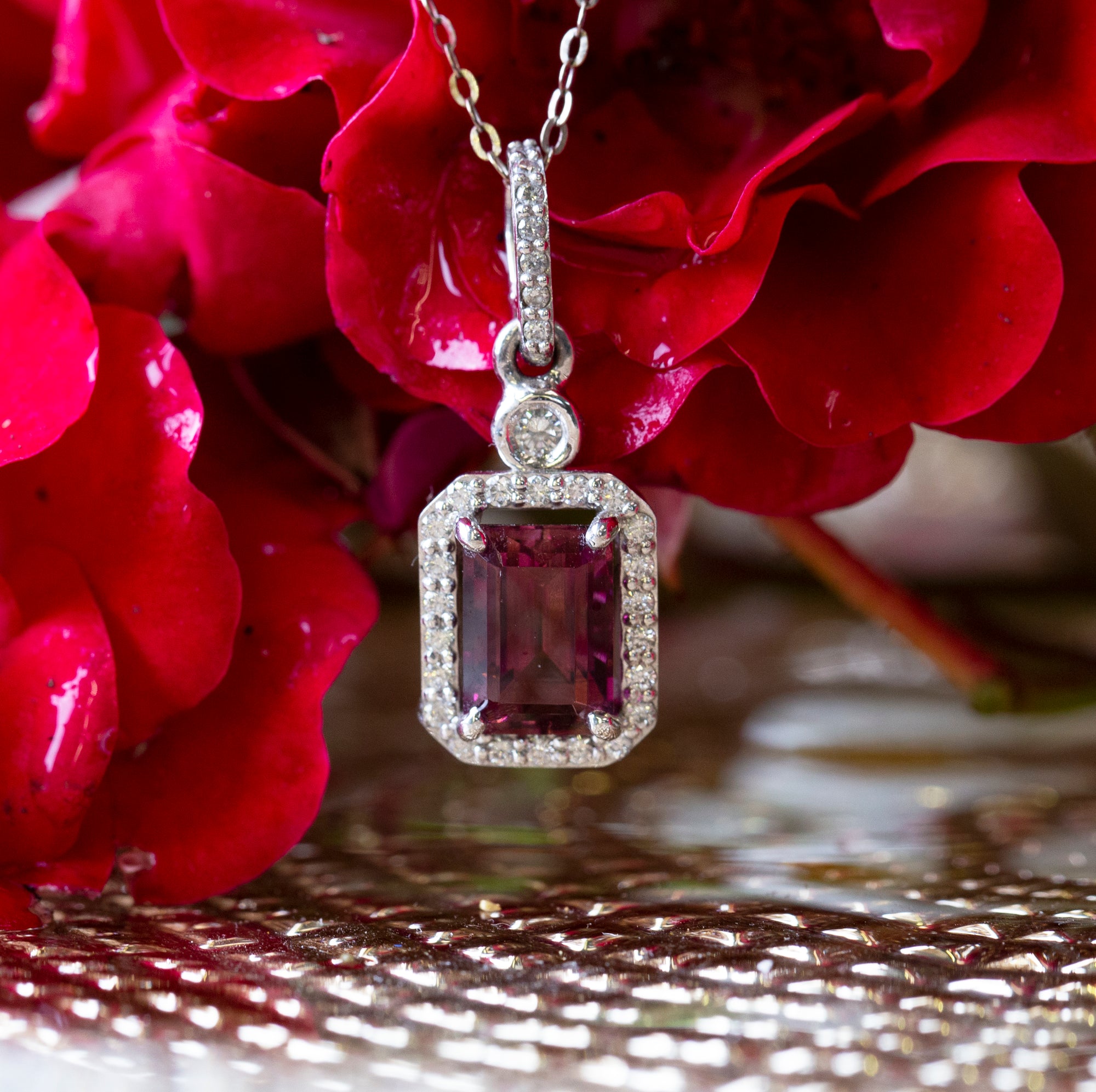 Gorgeous 2.58ctw Rhodolite Garnet and Diamond Emerald Cut 14k Halo Pendant Necklace