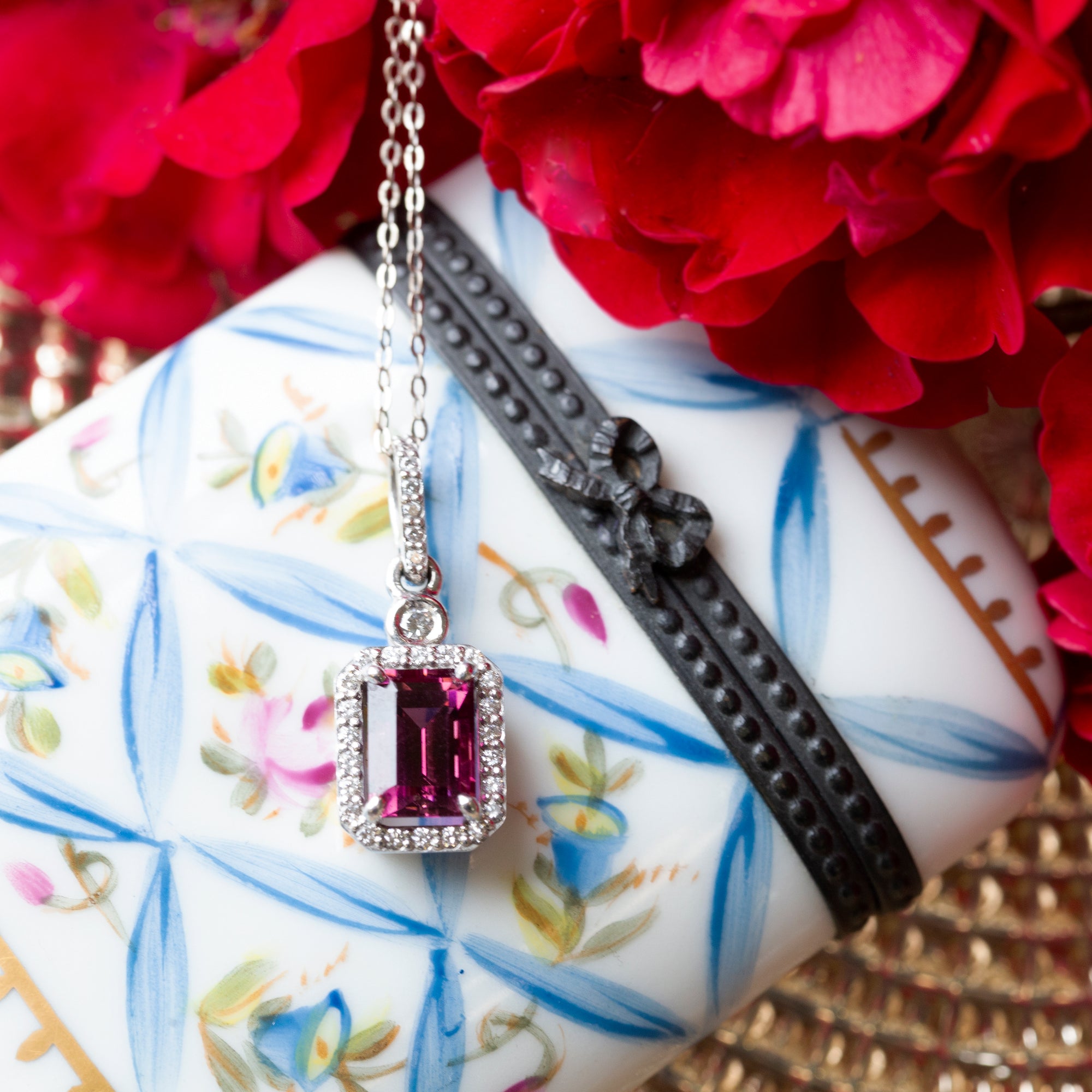 Gorgeous 2.58ctw Rhodolite Garnet and Diamond Emerald Cut 14k Halo Pendant Necklace