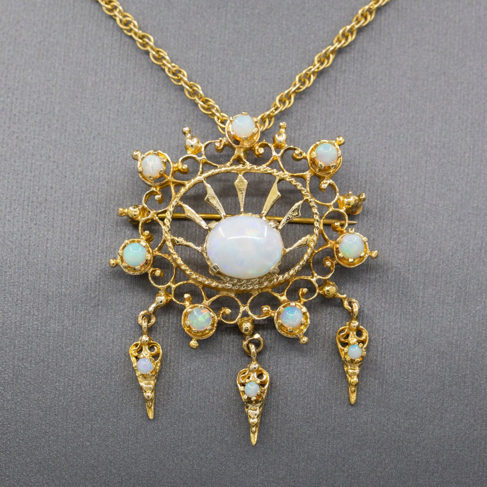 Radiant Victorian Revival Opal Dangle Brooch Pendant in Solid 14k Yellow Gold