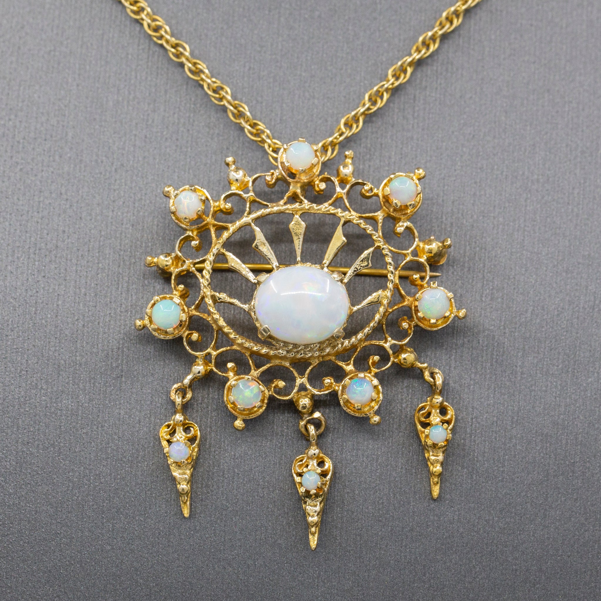 Radiant Victorian Revival Opal Dangle Brooch Pendant in Solid 14k Yellow Gold