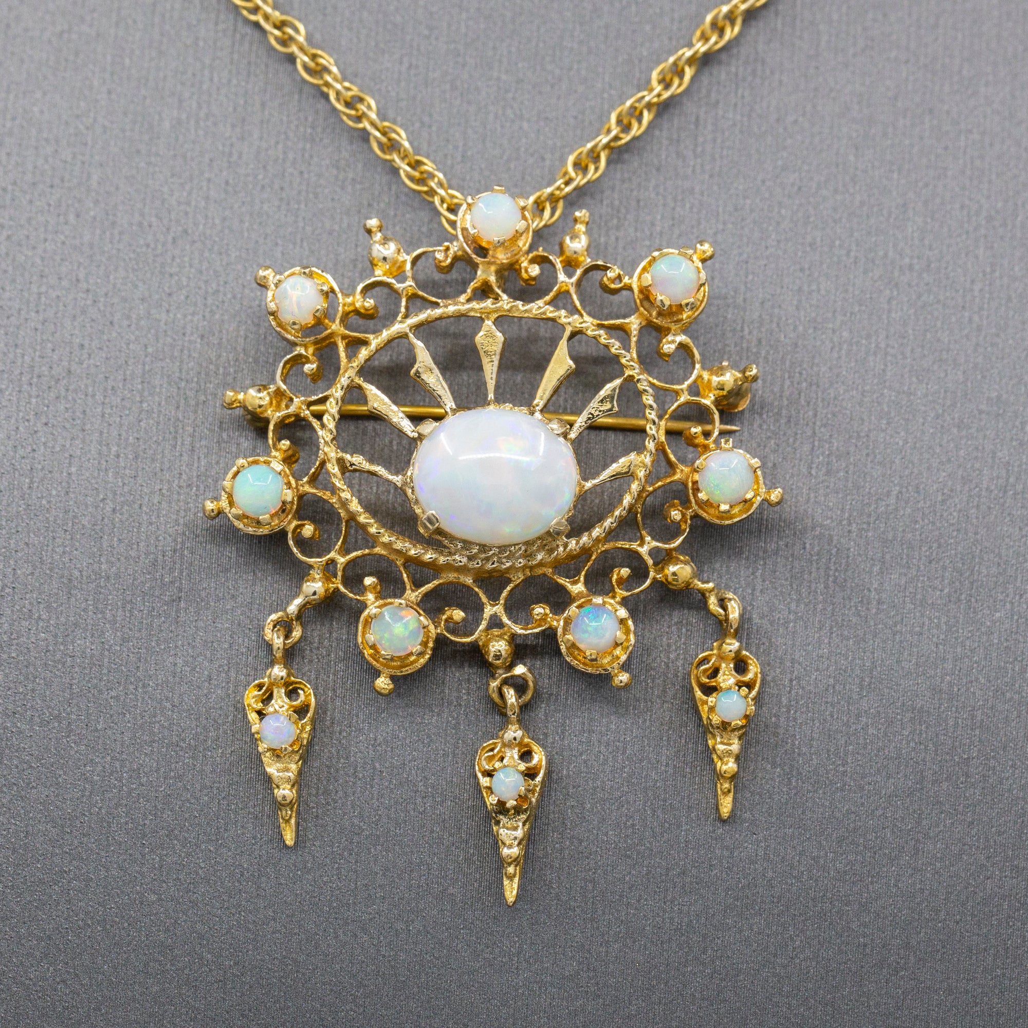 Radiant Victorian Revival Opal Dangle Brooch Pendant in Solid 14k Yellow Gold