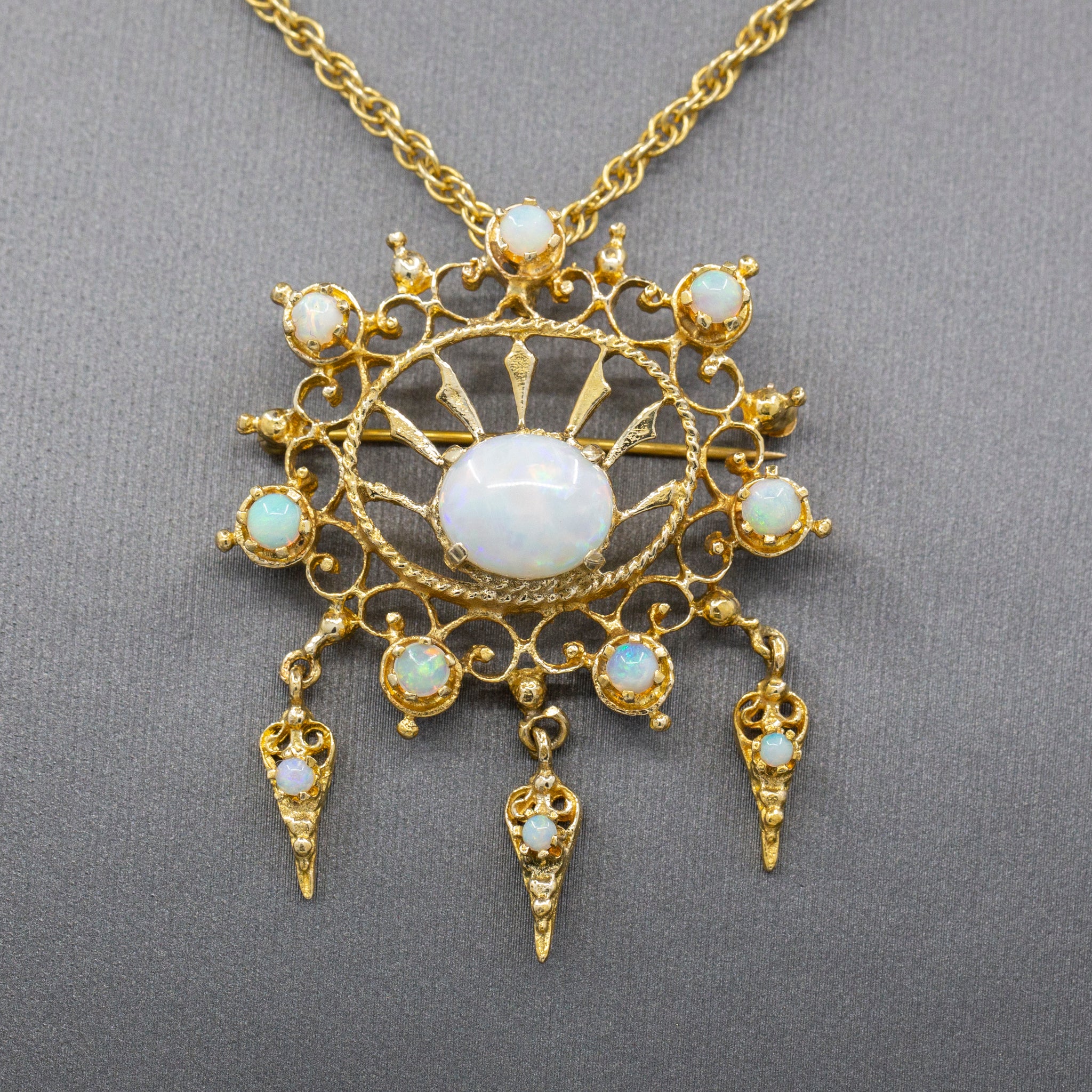 Radiant Victorian Revival Opal Dangle Brooch Pendant in Solid 14k Yellow Gold
