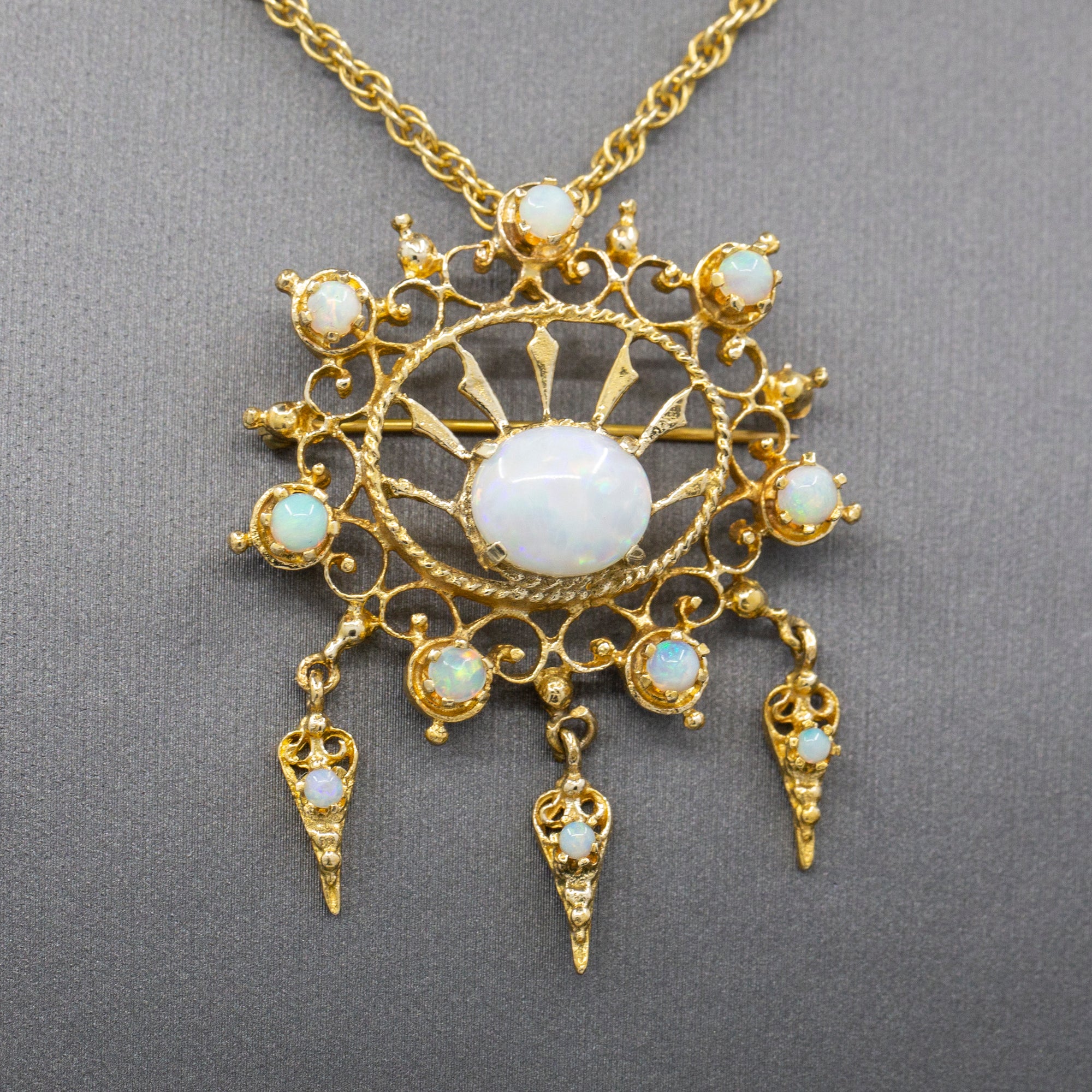 Radiant Victorian Revival Opal Dangle Brooch Pendant in Solid 14k Yellow Gold