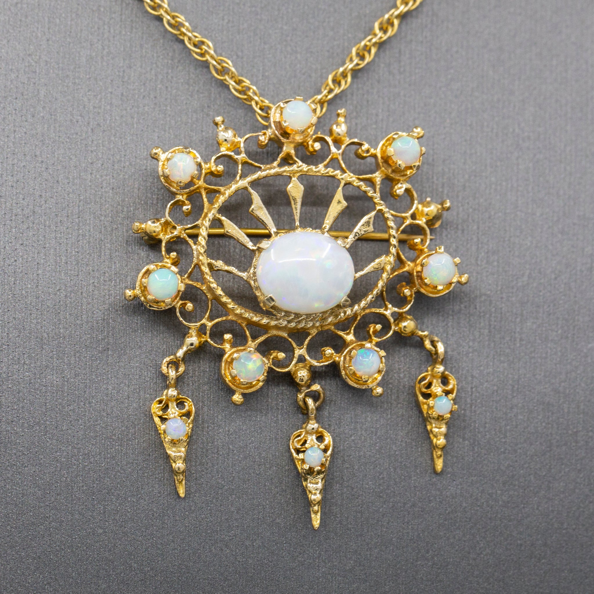 Radiant Victorian Revival Opal Dangle Brooch Pendant in Solid 14k Yellow Gold