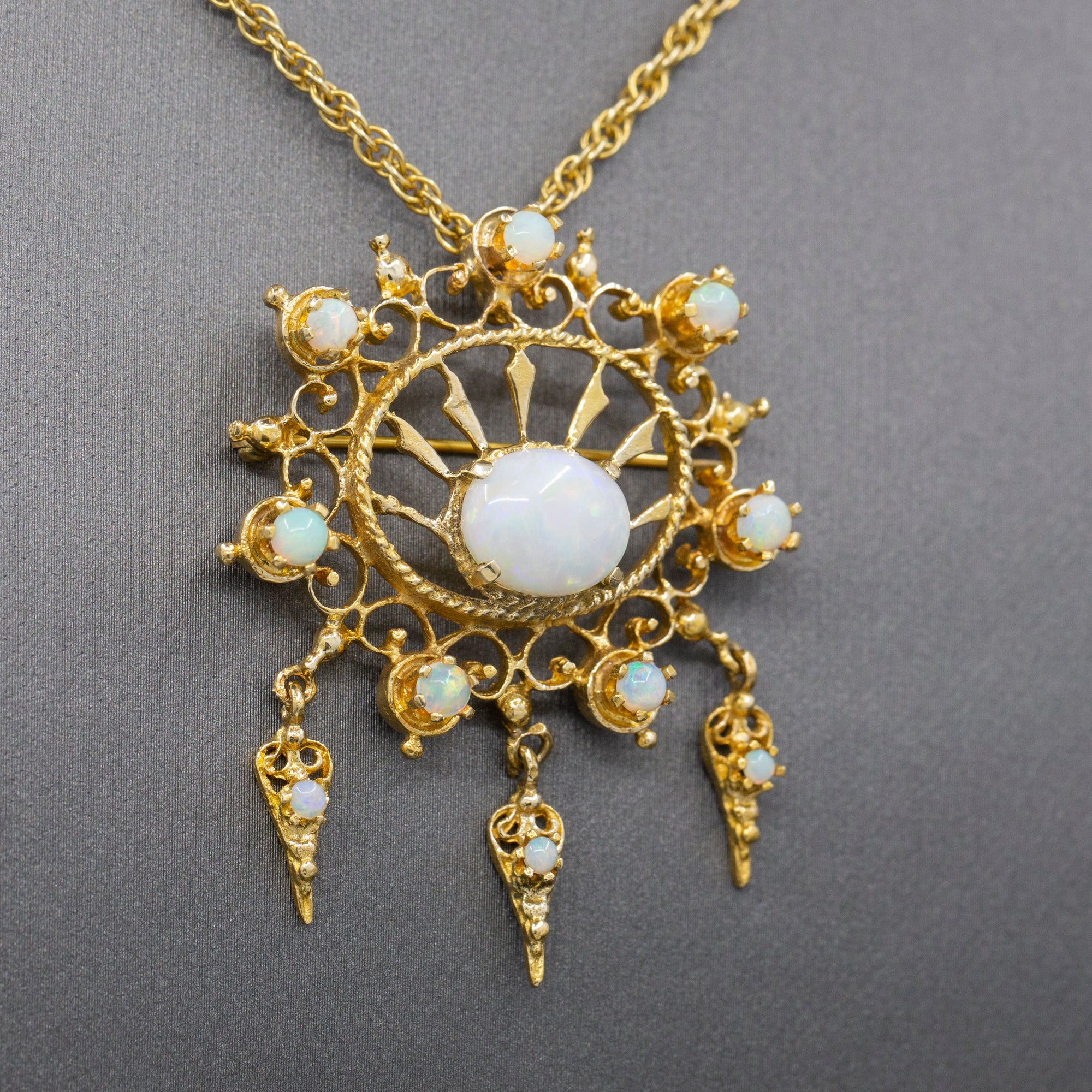 Radiant Victorian Revival Opal Dangle Brooch Pendant in Solid 14k Yellow Gold