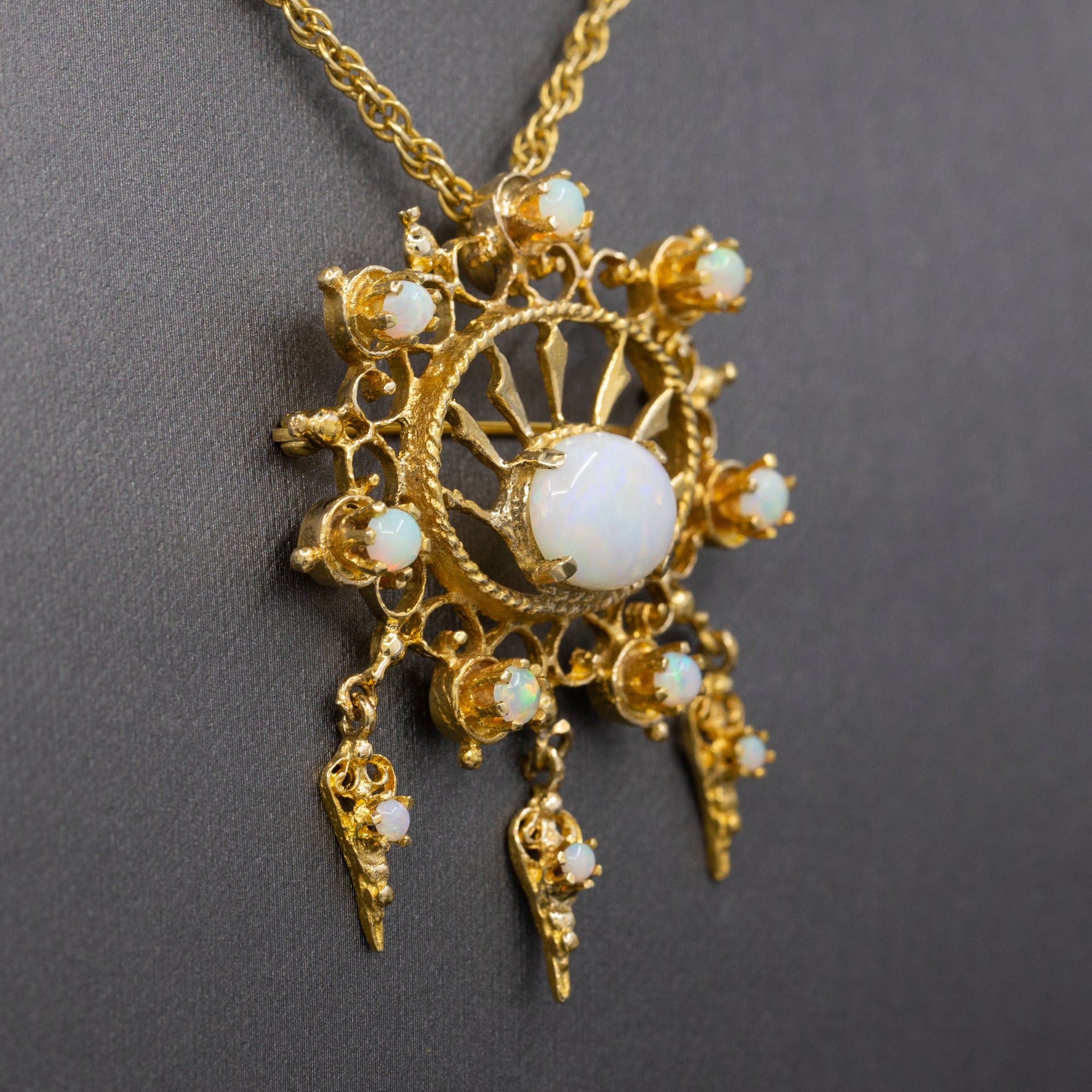 Radiant Victorian Revival Opal Dangle Brooch Pendant in Solid 14k Yellow Gold