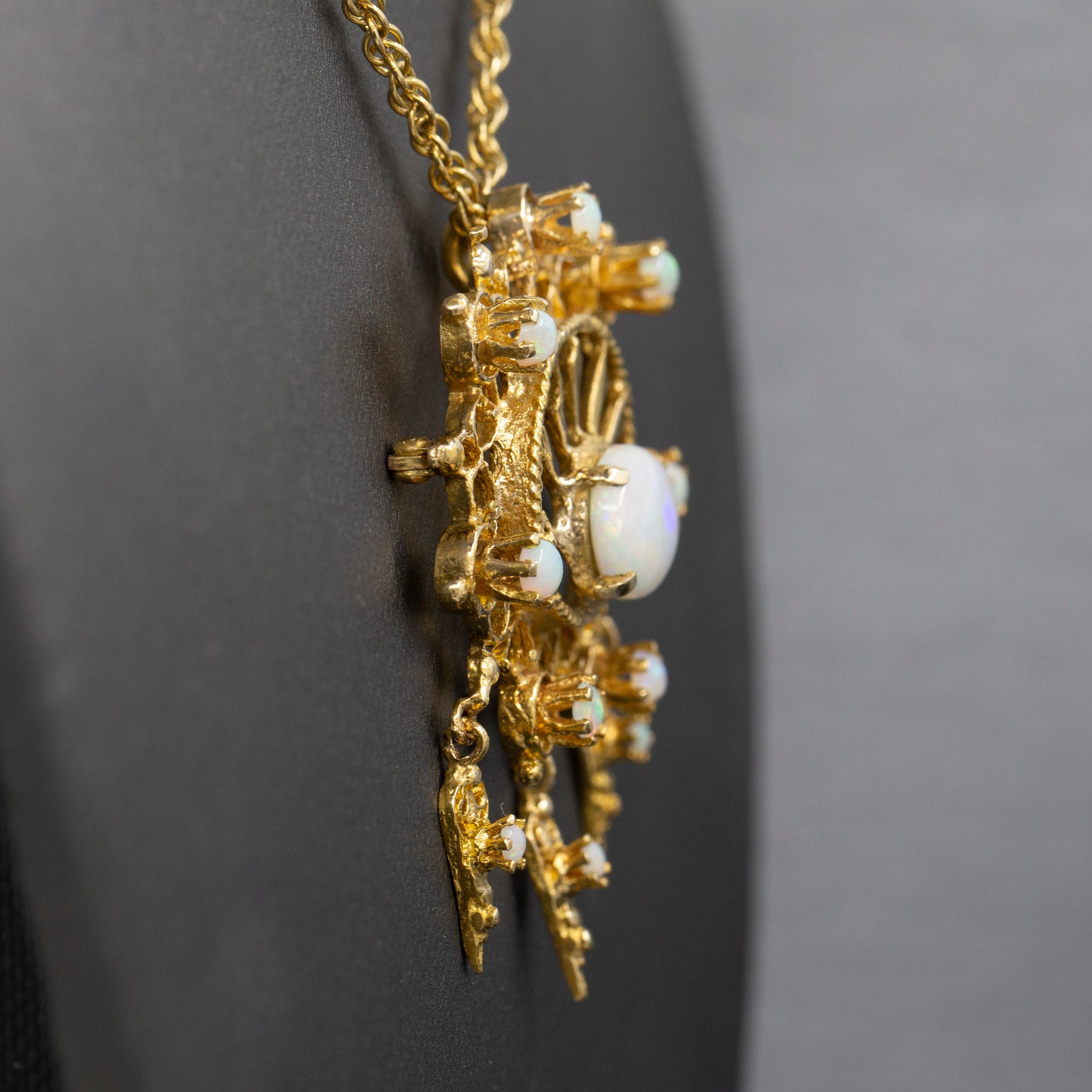 Radiant Victorian Revival Opal Dangle Brooch Pendant in Solid 14k Yellow Gold