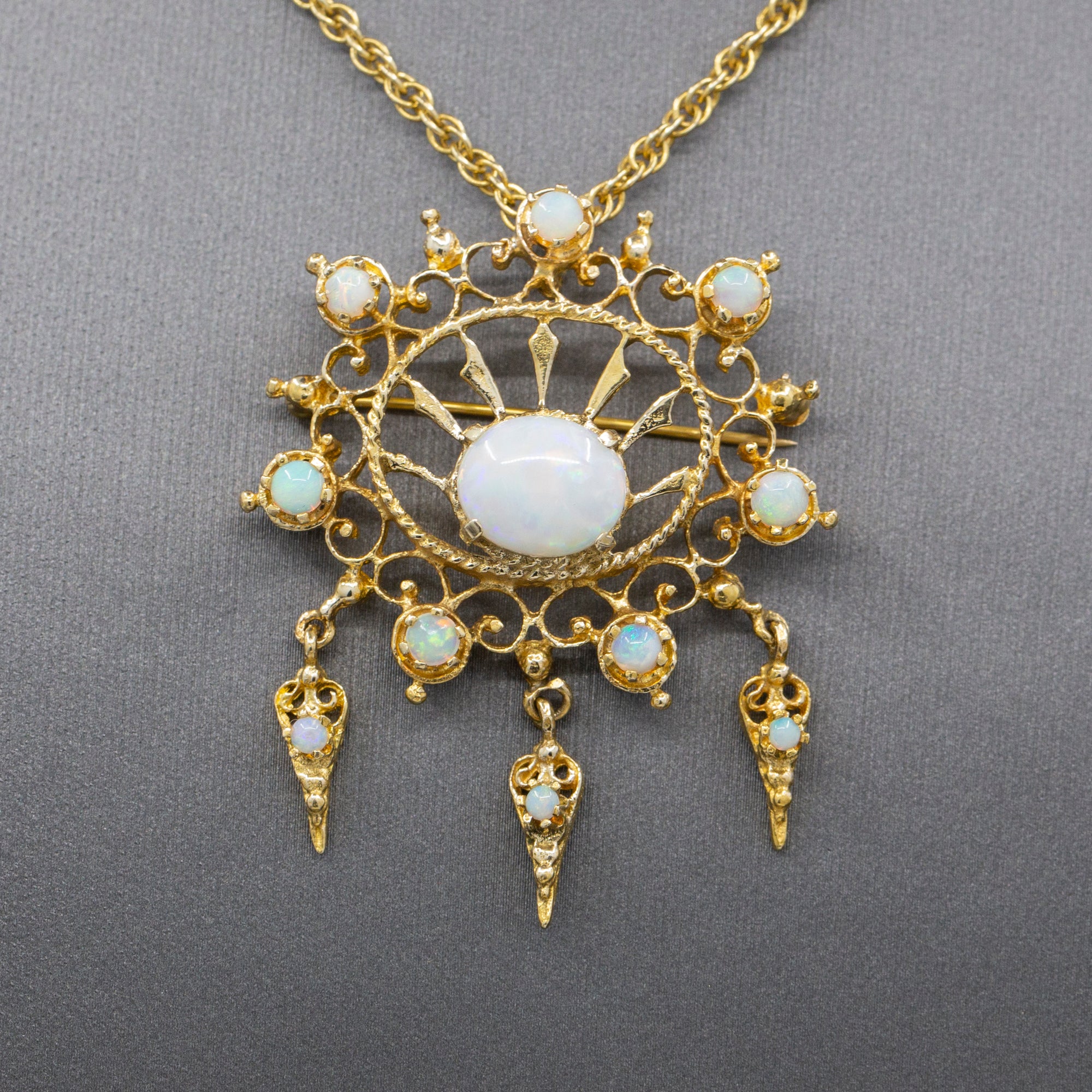 Radiant Victorian Revival Opal Dangle Brooch Pendant in Solid 14k Yellow Gold