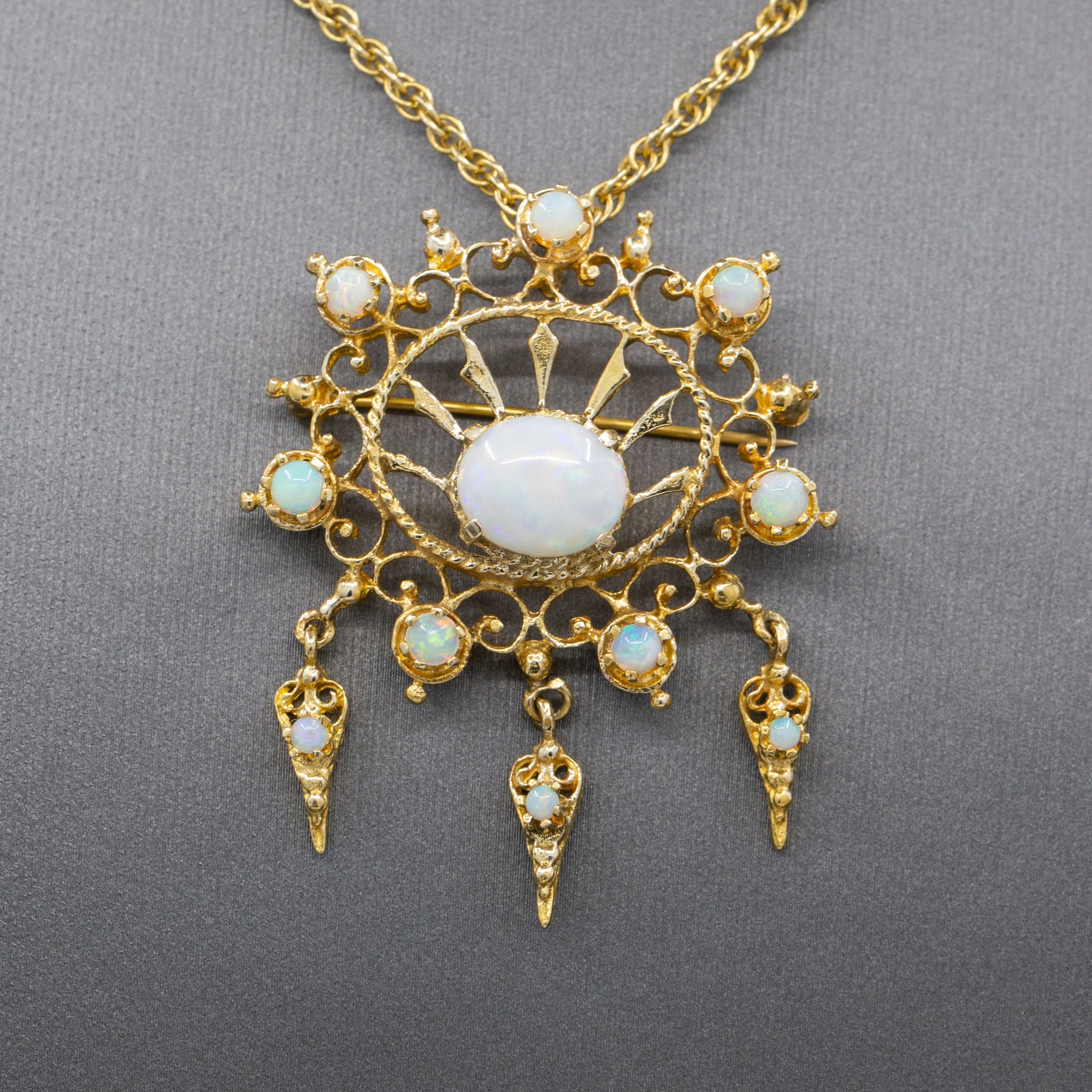 Radiant Victorian Revival Opal Dangle Brooch Pendant in Solid 14k Yellow Gold