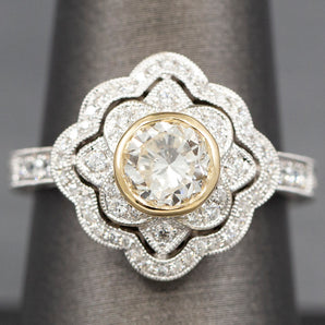 Vintage Style Bezel Set Diamond Engagement Ring with Engraved Band in 14k Yellow and White Gold