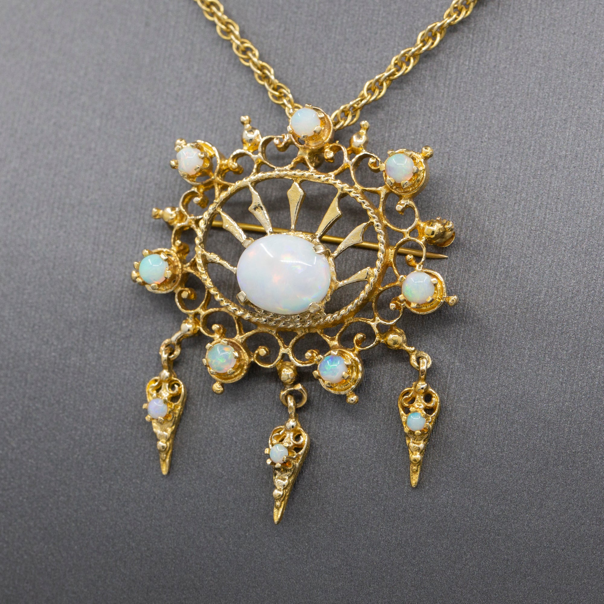 Radiant Victorian Revival Opal Dangle Brooch Pendant in Solid 14k Yellow Gold