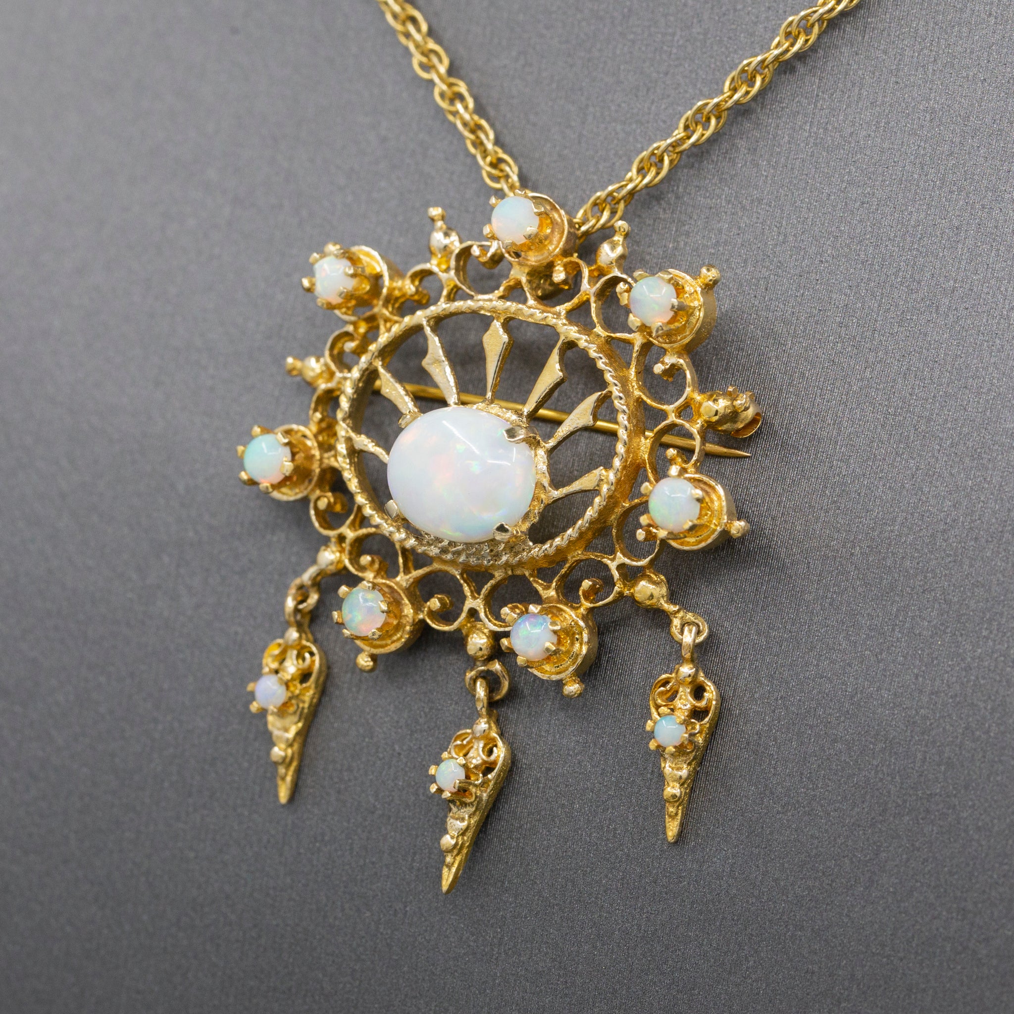 Radiant Victorian Revival Opal Dangle Brooch Pendant in Solid 14k Yellow Gold