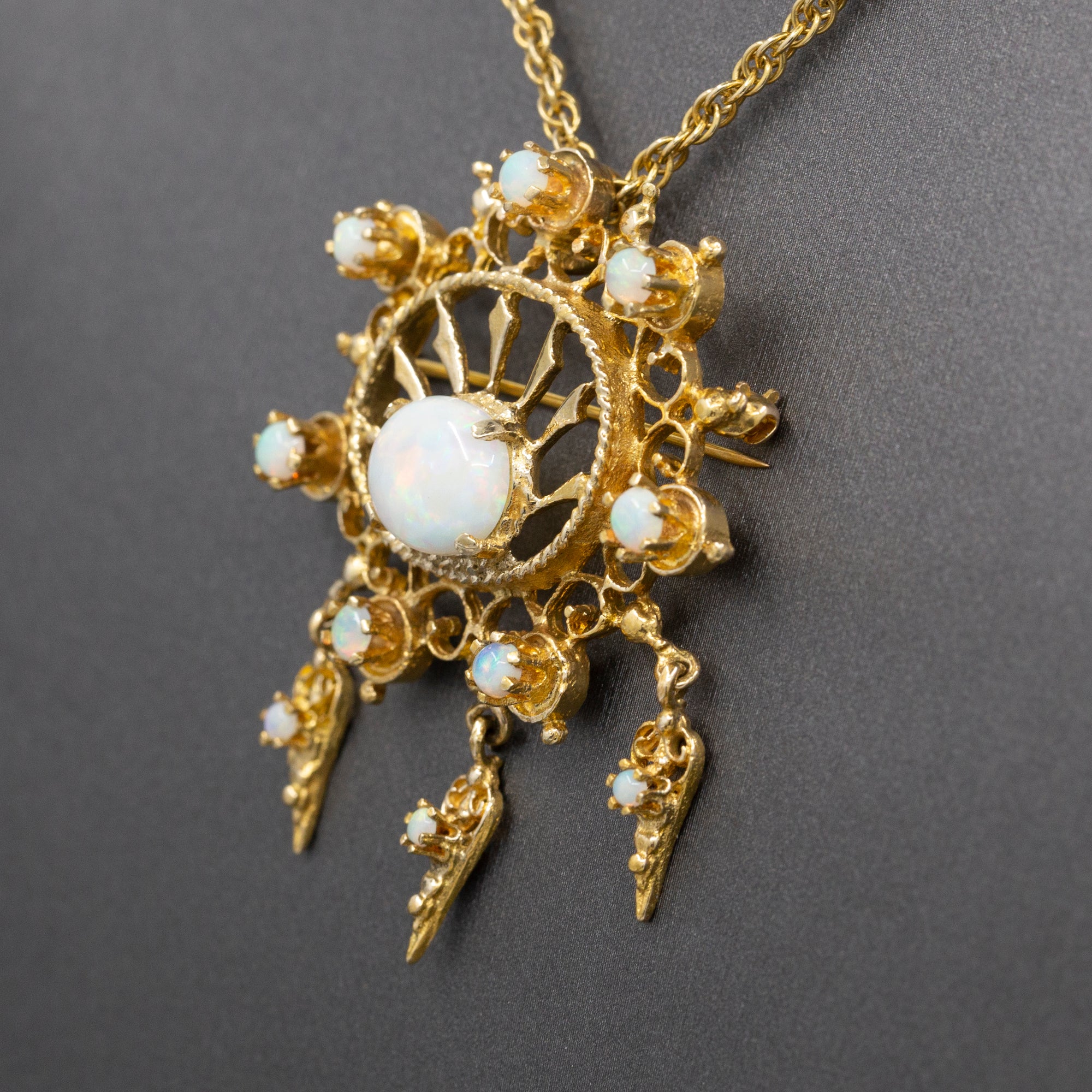 Radiant Victorian Revival Opal Dangle Brooch Pendant in Solid 14k Yellow Gold