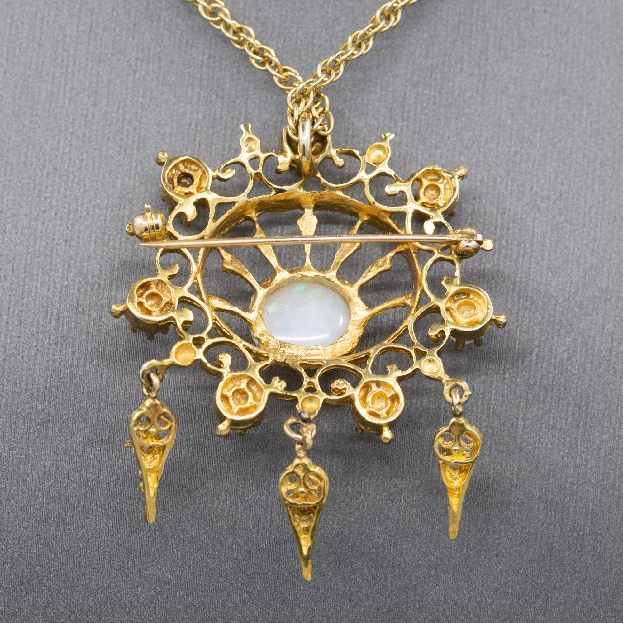Radiant Victorian Revival Opal Dangle Brooch Pendant in Solid 14k Yellow Gold