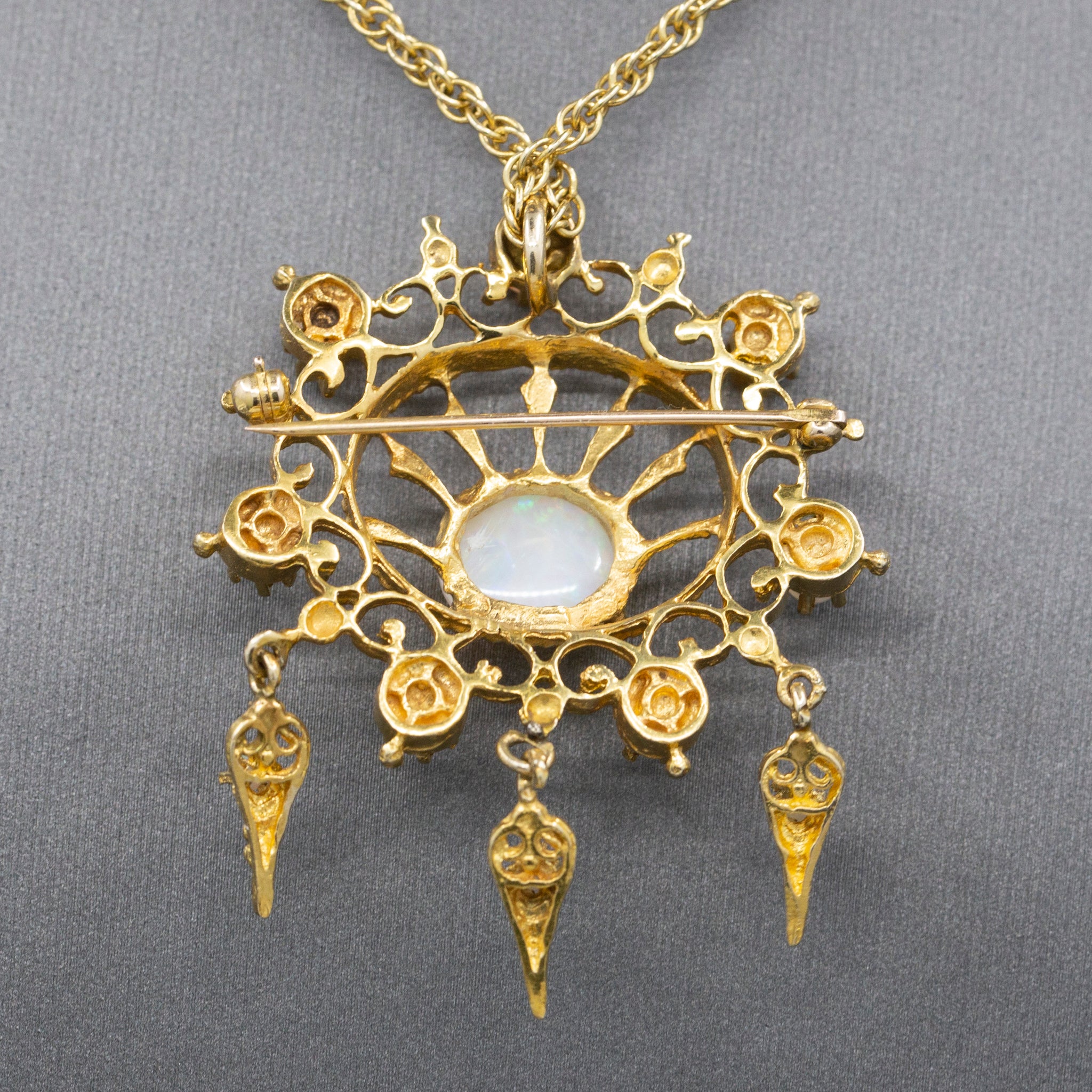 Radiant Victorian Revival Opal Dangle Brooch Pendant in Solid 14k Yellow Gold