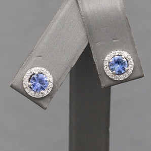 Handcrafted Silky Cornflower Blue Sapphire and Diamond Halo Stud Earrings in 14k White Gold