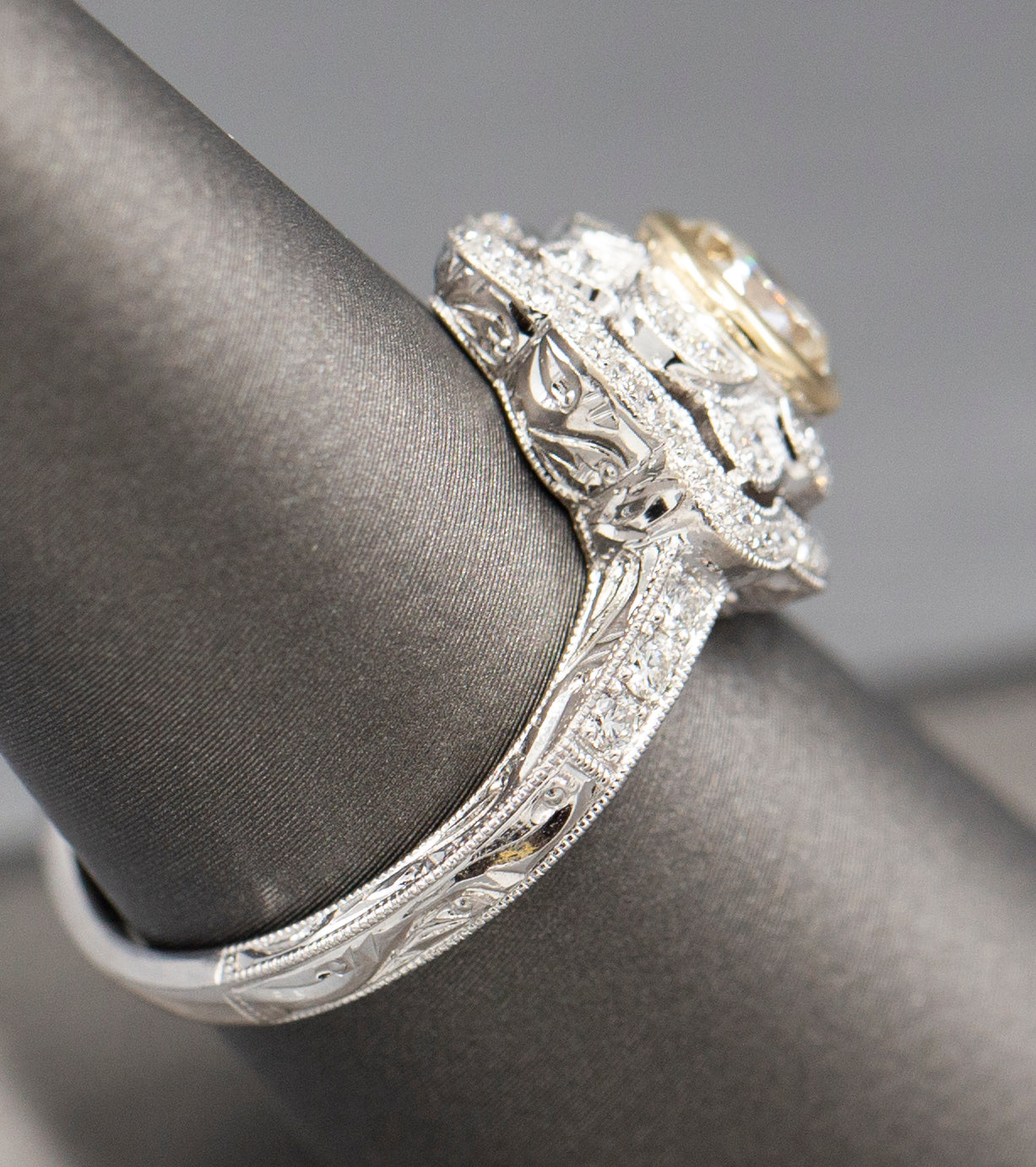 Vintage Style Bezel Set Diamond Engagement Ring with Engraved Band in 14k Yellow and White Gold