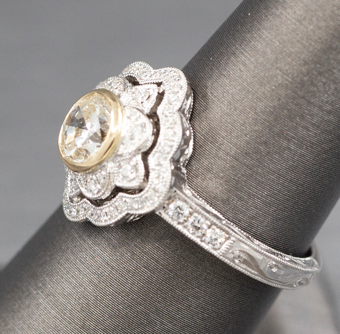 Vintage Style Bezel Set Diamond Engagement Ring with Engraved Band in 14k Yellow and White Gold