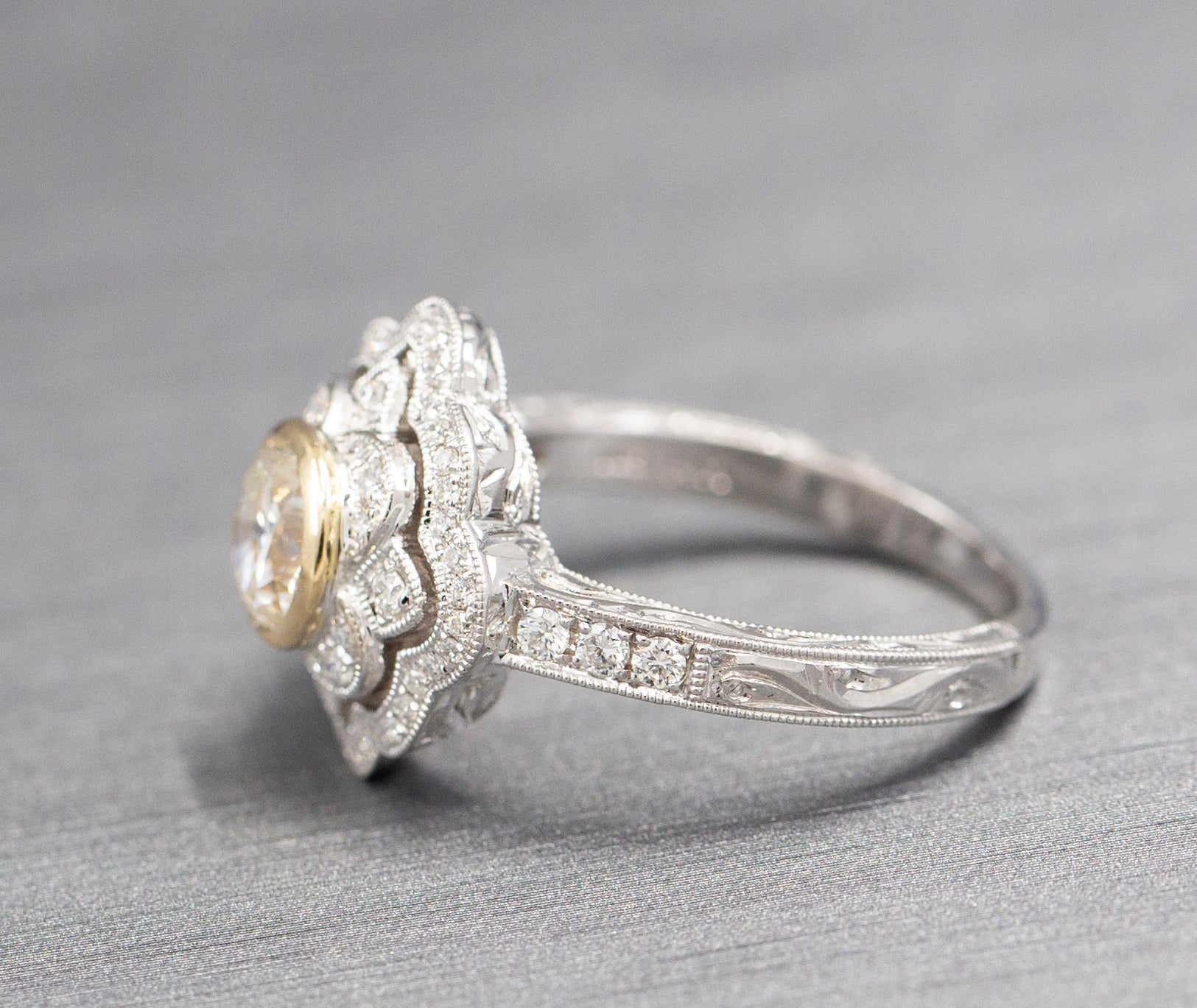 Vintage Style Bezel Set Diamond Engagement Ring with Engraved Band in 14k Yellow and White Gold