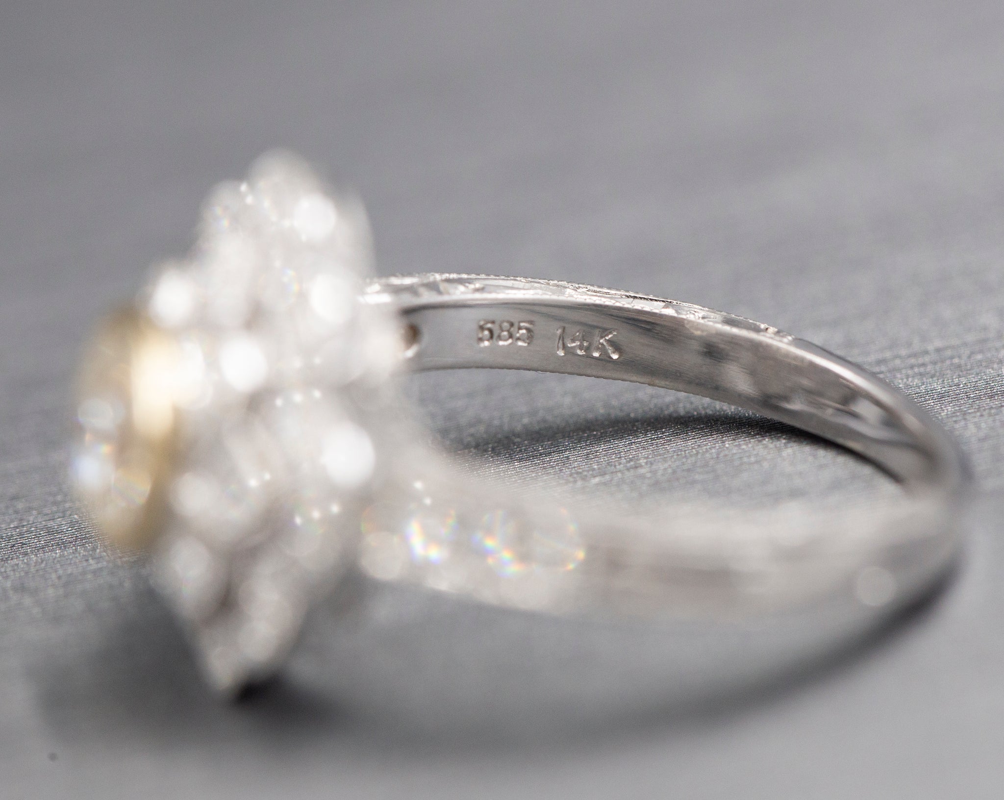Vintage Style Bezel Set Diamond Engagement Ring with Engraved Band in 14k Yellow and White Gold