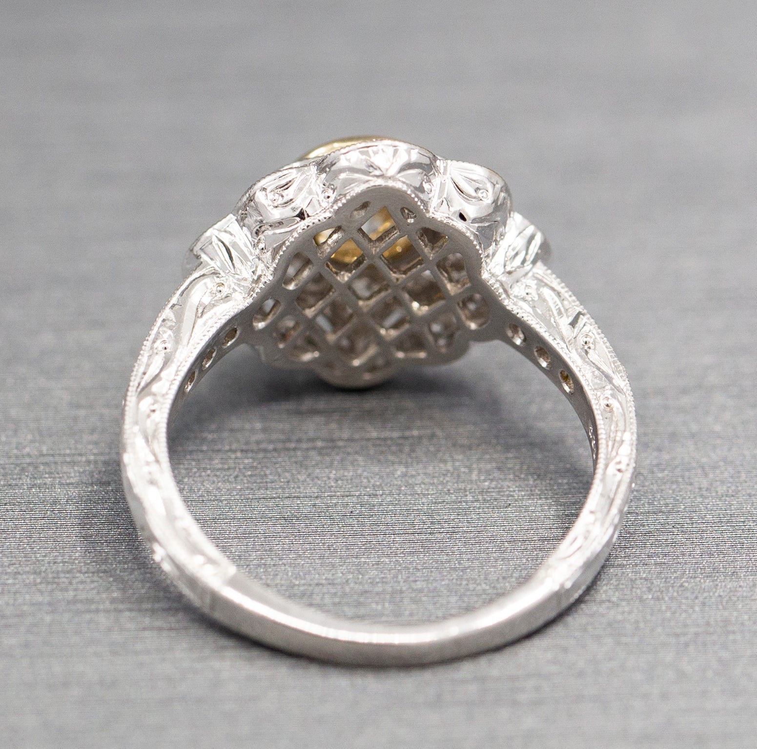 Vintage Style Bezel Set Diamond Engagement Ring with Engraved Band in 14k Yellow and White Gold