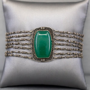 Vintage Green Onyx and Sterling Silver Chain Bracelet with Pin Closure