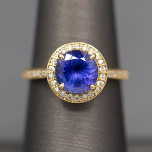 Handcrafted Brilliant Tanzanite and Diamond Halo Ring in 14k Yellow Gold